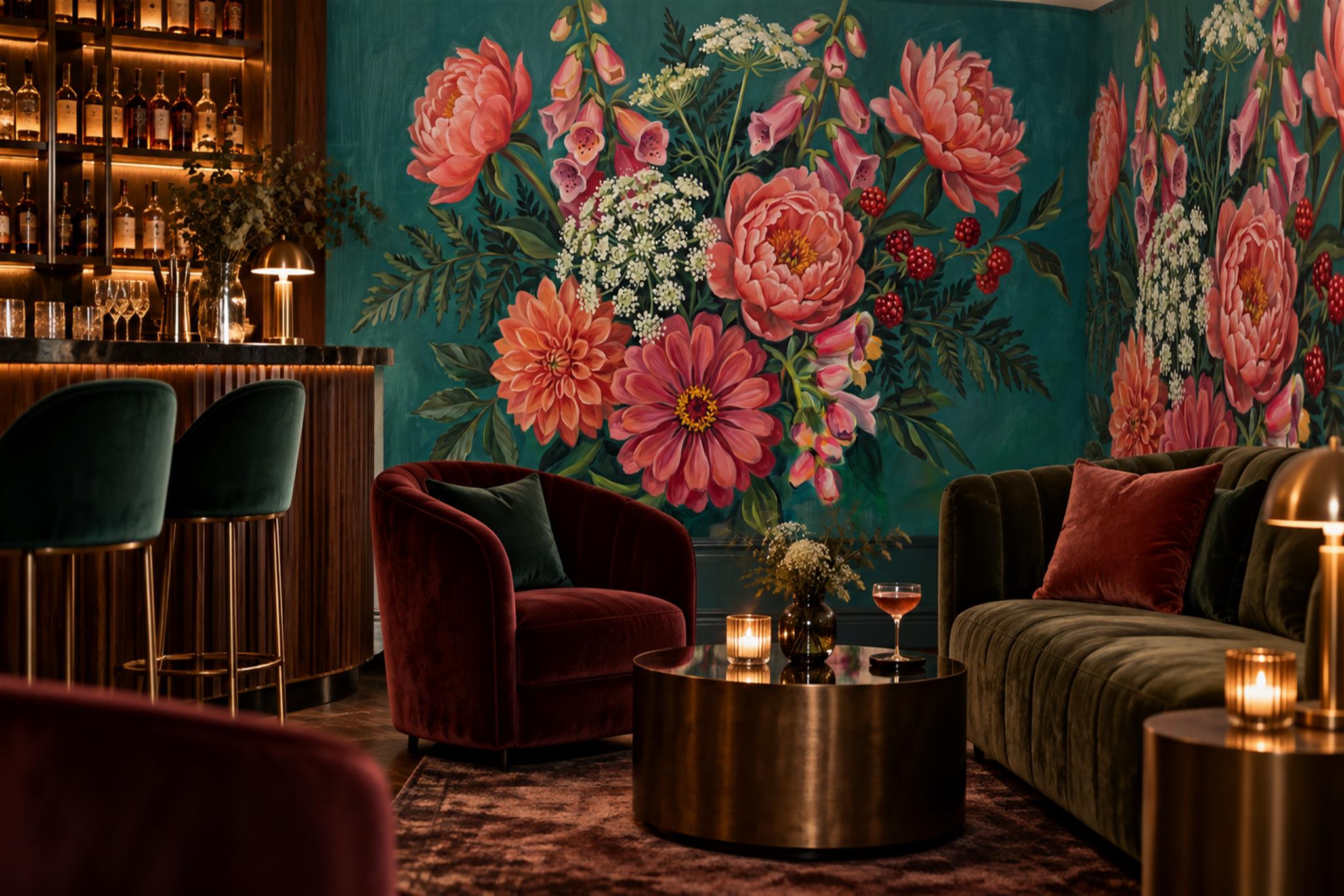 Coral Bouquet Botanical Wallpaper Mural Accent-wall-wallpaper-murals, Peel-and-stick Finish