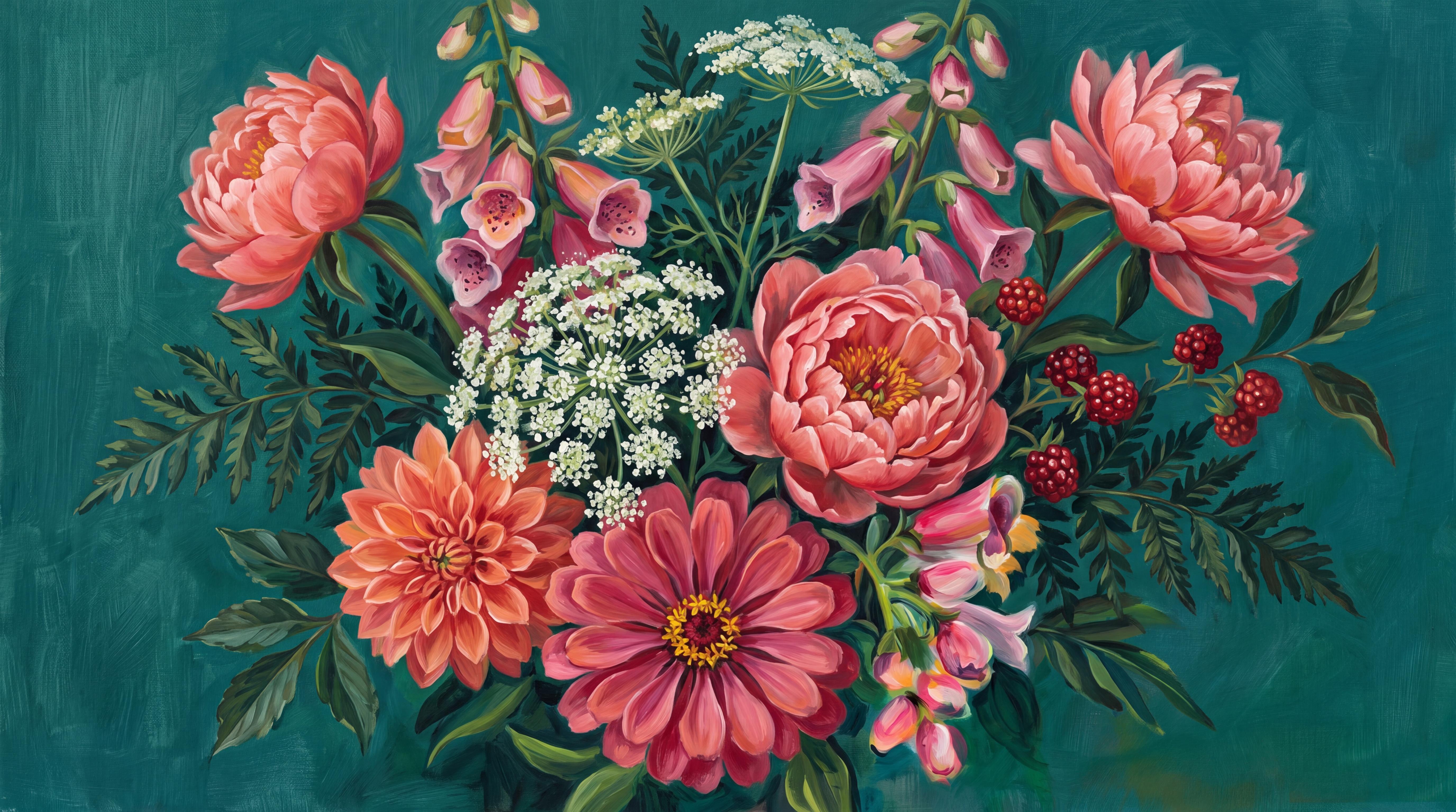 Coral Bouquet Botanical Wallpaper Mural, Peel-and-stick Finish
