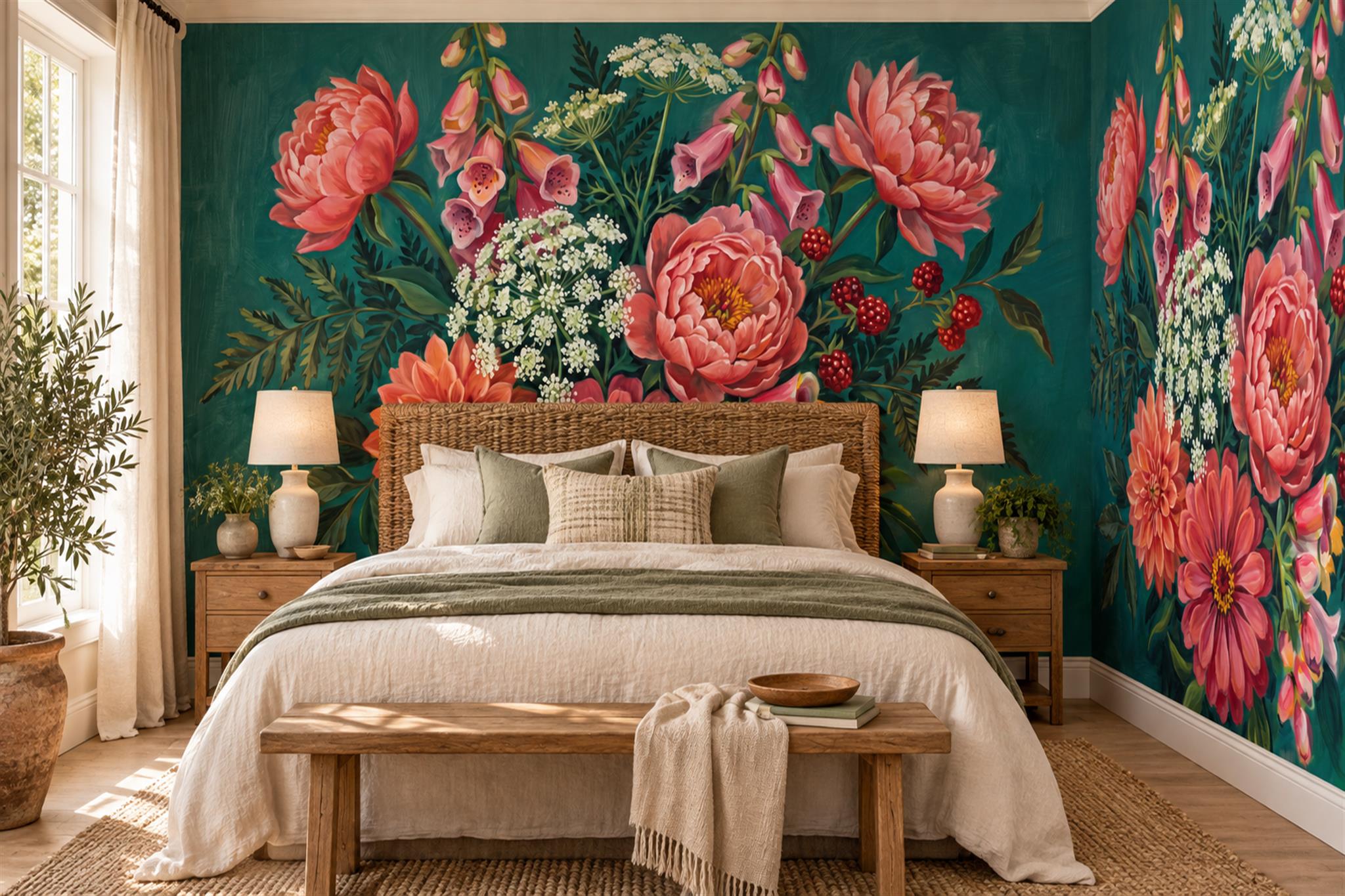 Coral Bouquet Botanical Wallpaper Mural Home-office-wallpaper-murals, Peel-and-stick Finish