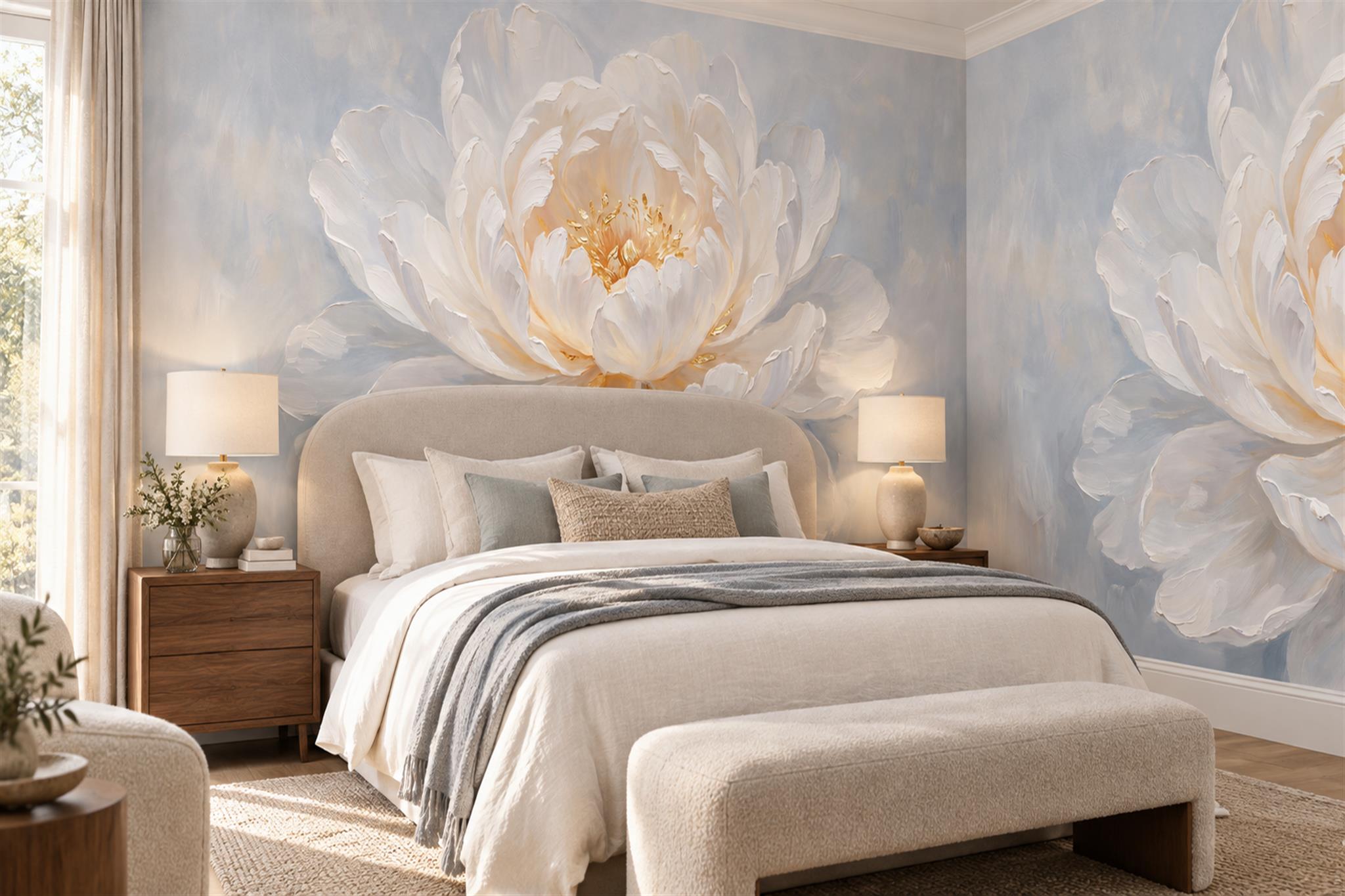 White Peony Botanical Wallpaper Mural Bedroom-wallpaper-murals, Peel-and-stick Finish