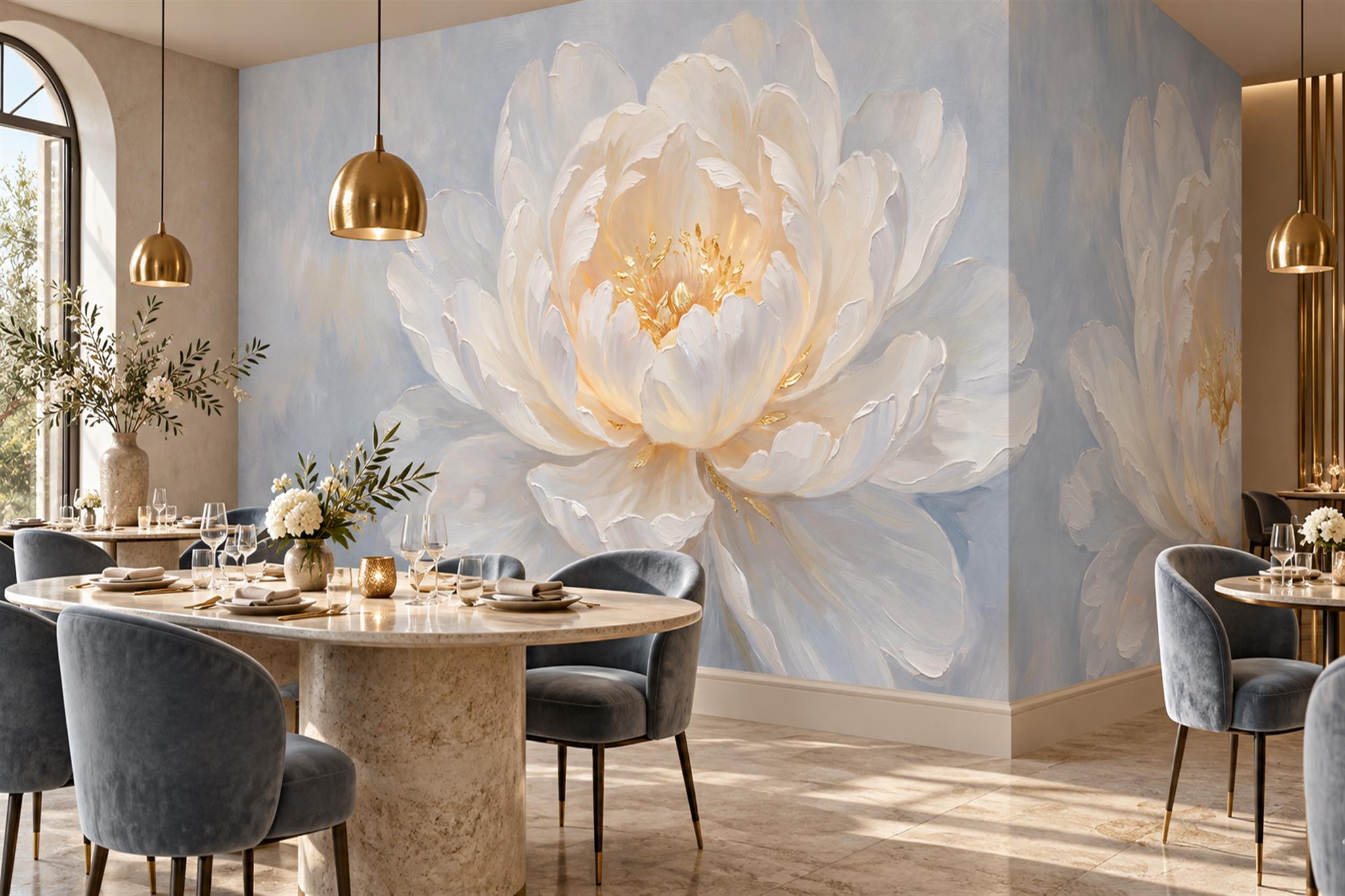 Ivory Peony With Golden Centre Wallpaper Mural — Wallpaper Mural Design, Peel-and-stick Finish