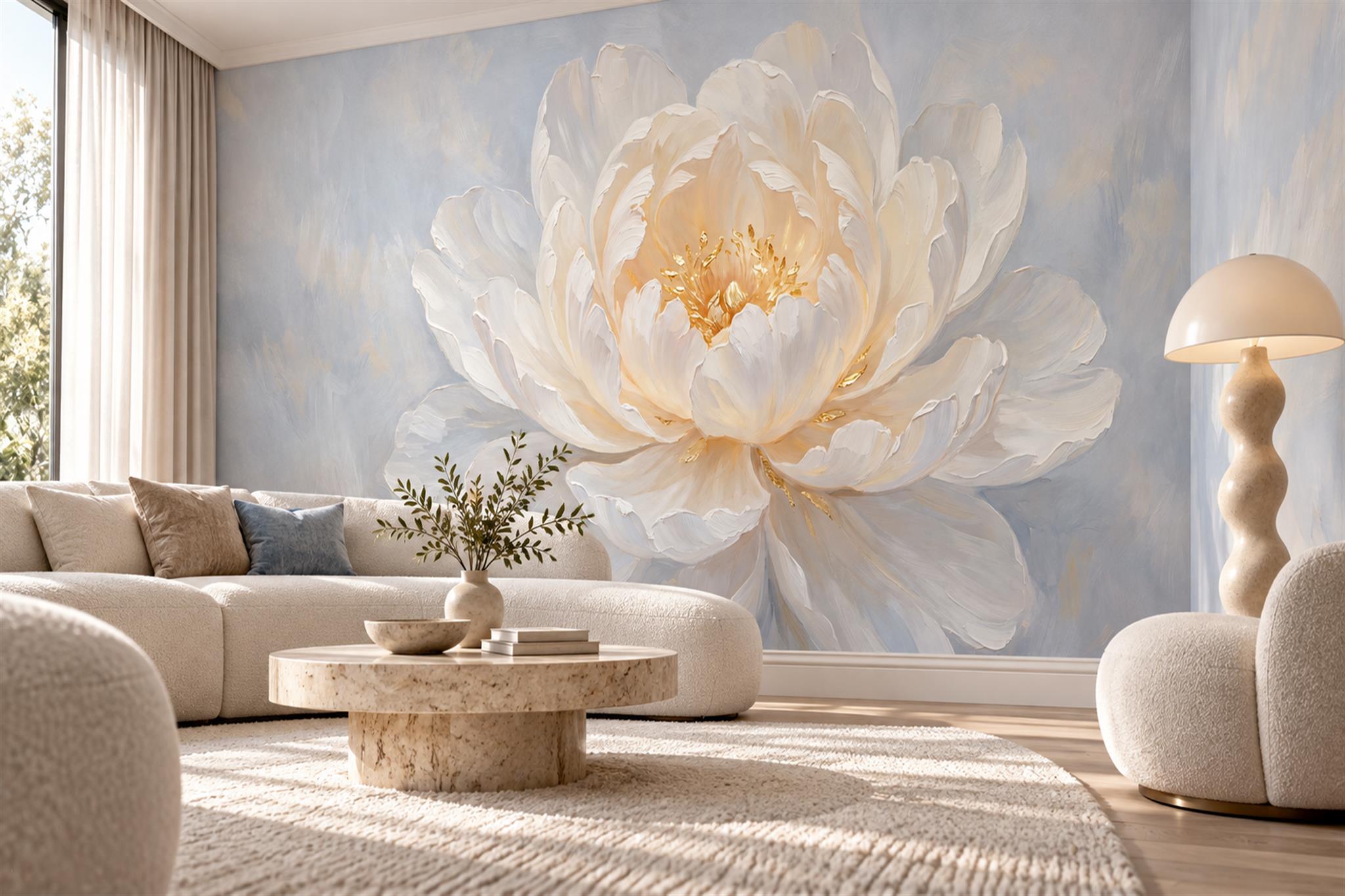 White Peony Botanical Wallpaper Mural Living-room-wallpaper-murals, Shown In A Living Room, Peel-and-stick Finish