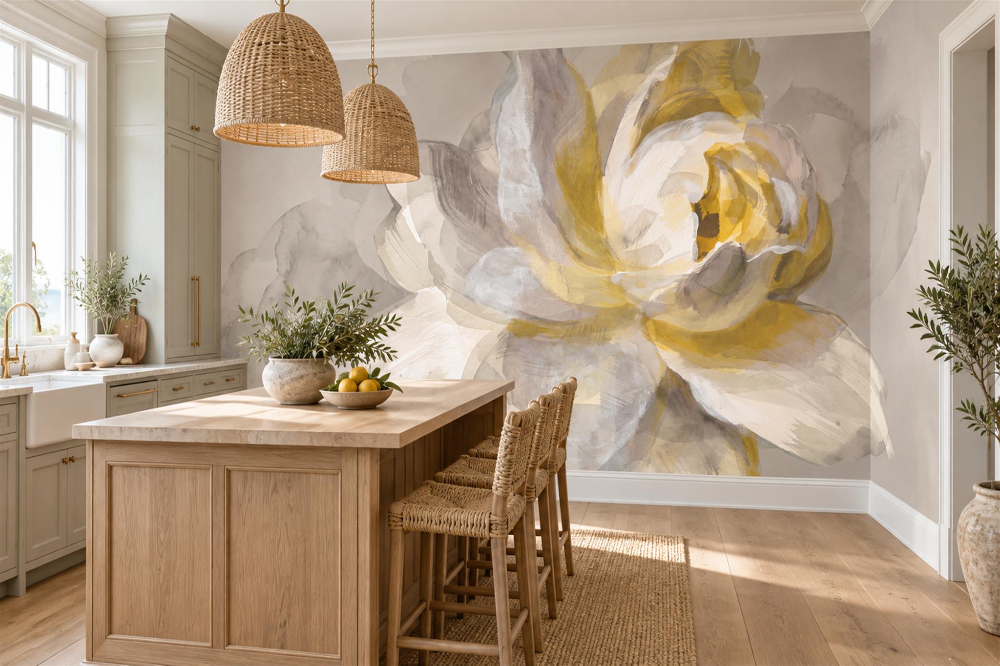 White And Gold Abstract Flower Close Up Wallpaper Mural — Wallpaper Mural Design, Peel-and-stick Finish