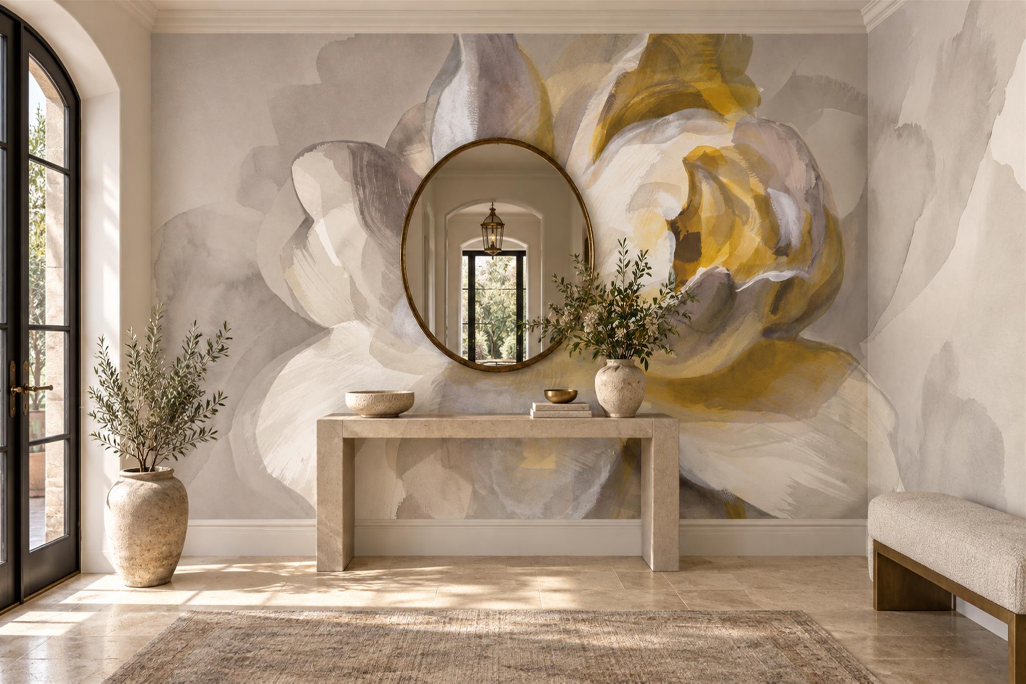 Gold Floral Botanical Wallpaper Mural Entryway-wallpaper-murals, Peel-and-stick Finish