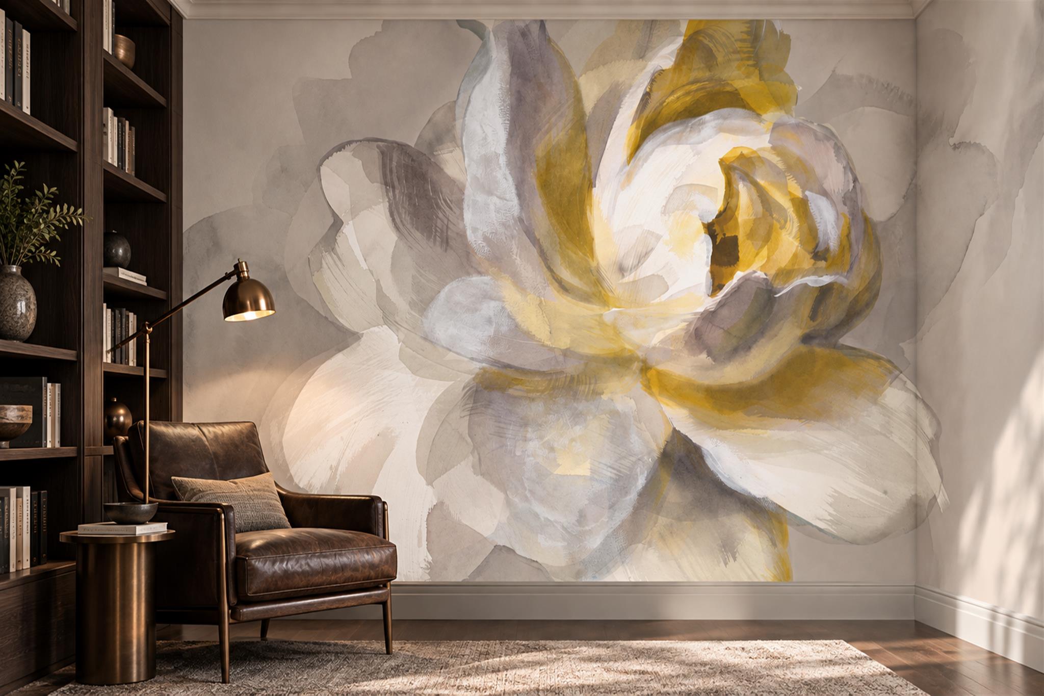 Gold Floral Botanical Wallpaper Mural Dining-room-wallpaper-murals, Peel-and-stick Finish