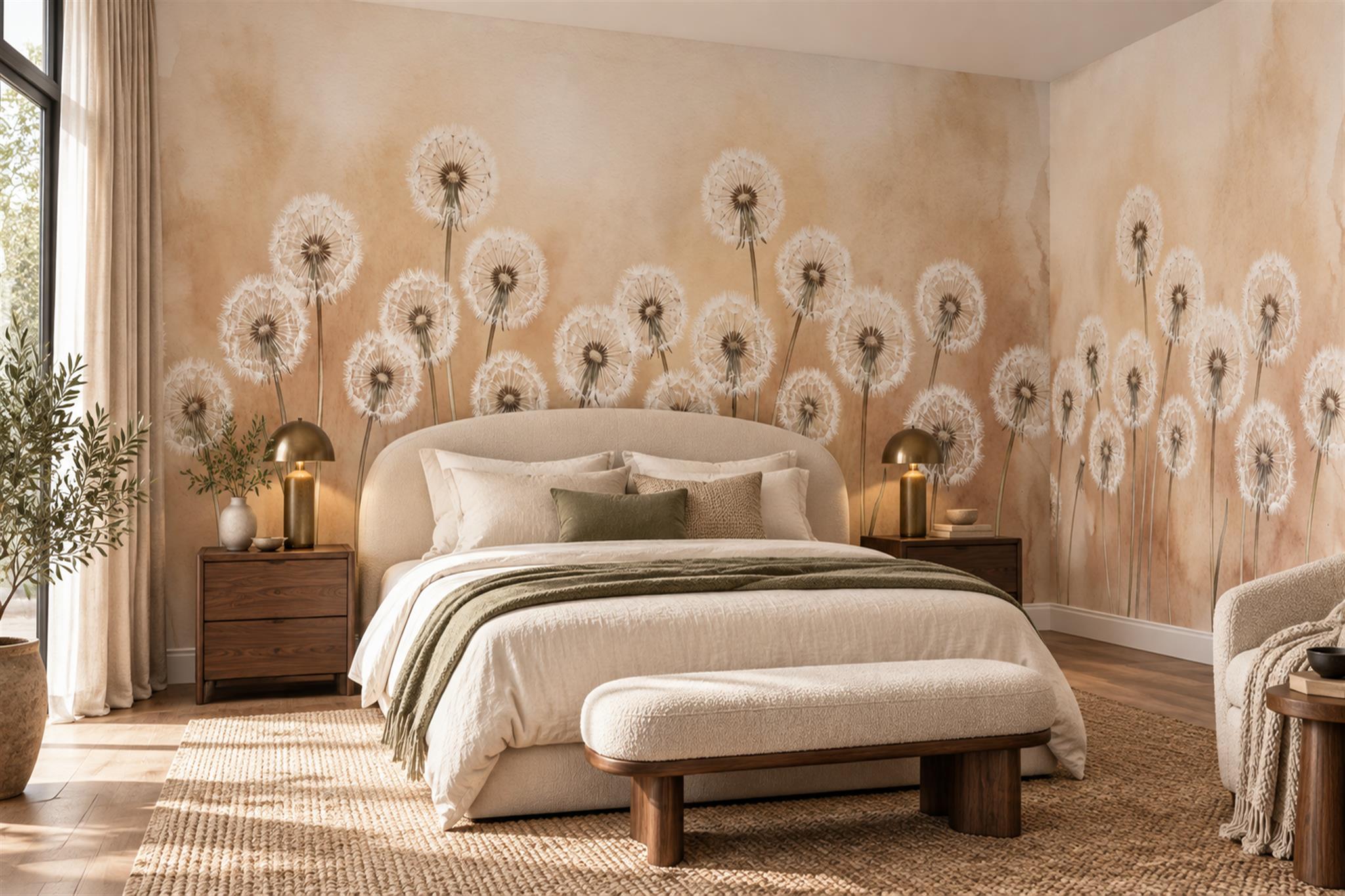 White Dandelion Seed Heads On Beige Wallpaper Mural — Installed Wallpaper Mural In A Bedroom, Peel-and-stick Finish