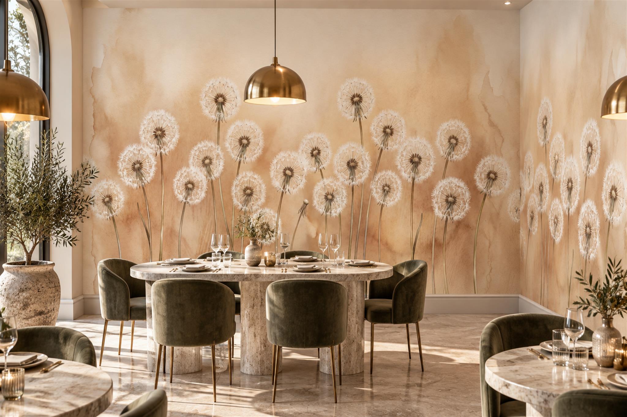 Beige Pattern Decorative Wallpaper Mural Layered Hand Painted Wallpaper Dining-room-wallpaper-murals, Shown In A Dining Room, Peel-and-stick Finish