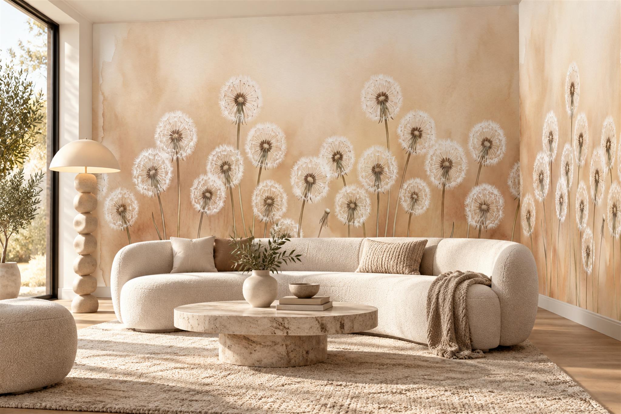 Beige Pattern Decorative Wallpaper Mural Layered Hand Painted Wallpaper Living-room-wallpaper-murals, Shown In A Living Room, Peel-and-stick Finish