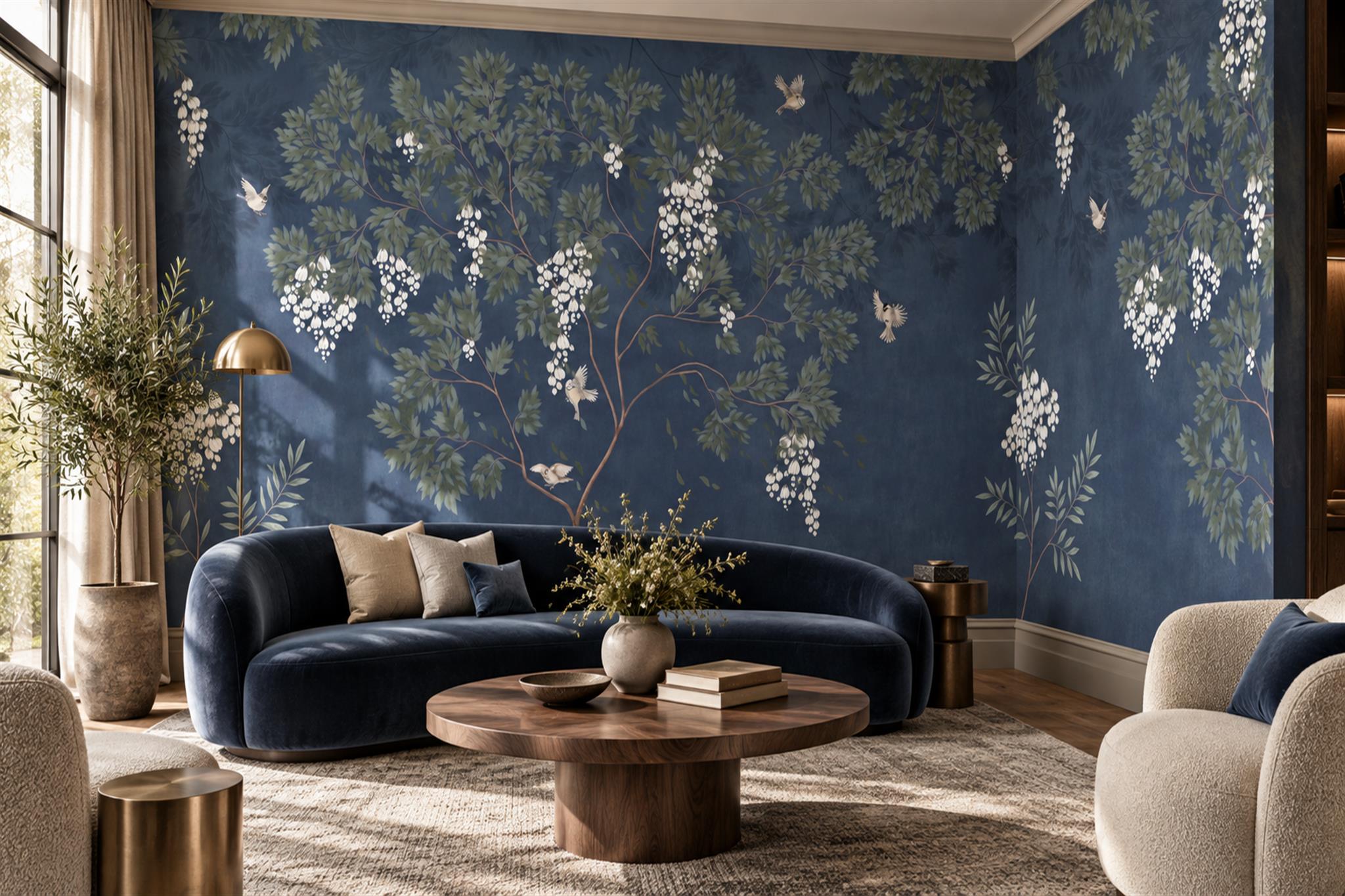Navy Tree Scenic Wallpaper Mural Living-room-wallpaper-murals, Shown In A Living Room, Peel-and-stick Finish