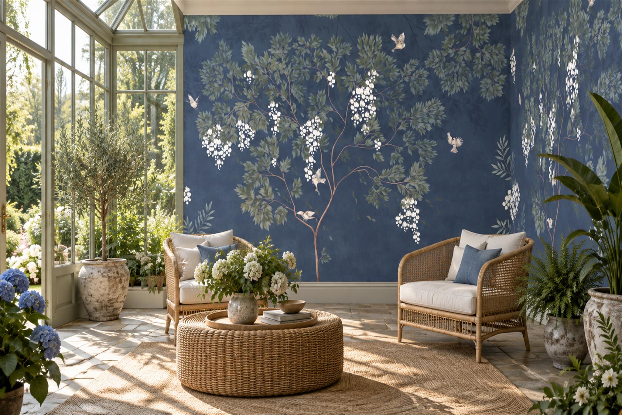 White Bellflowers And Birds On Navy Wallpaper Mural — Wallpaper Mural Design, Peel-and-stick Finish