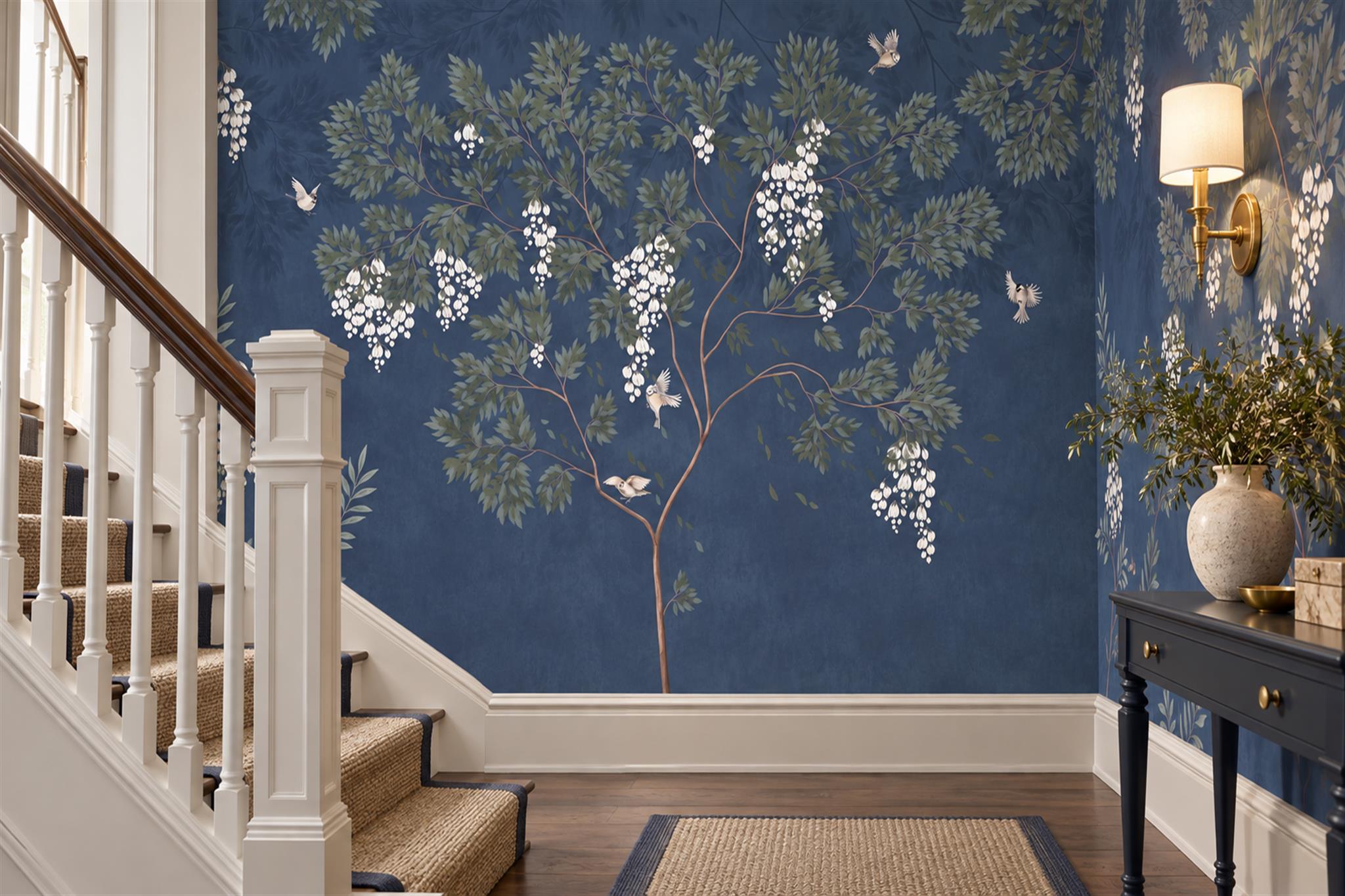 Navy Tree Scenic Wallpaper Mural Accent-wall-wallpaper-murals, Peel-and-stick Finish