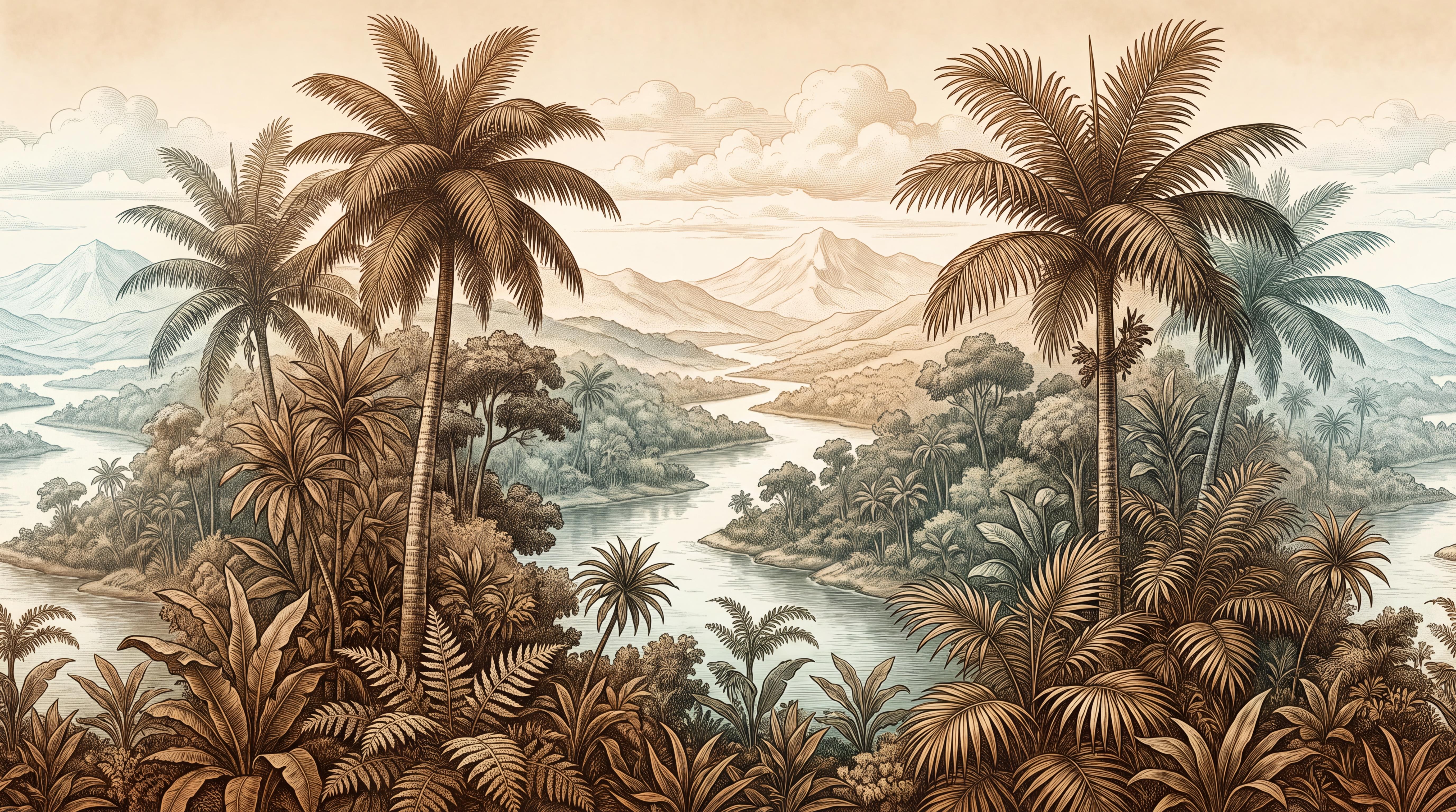 Brown Palm Artful Wallpaper Mural, Peel-and-stick Finish