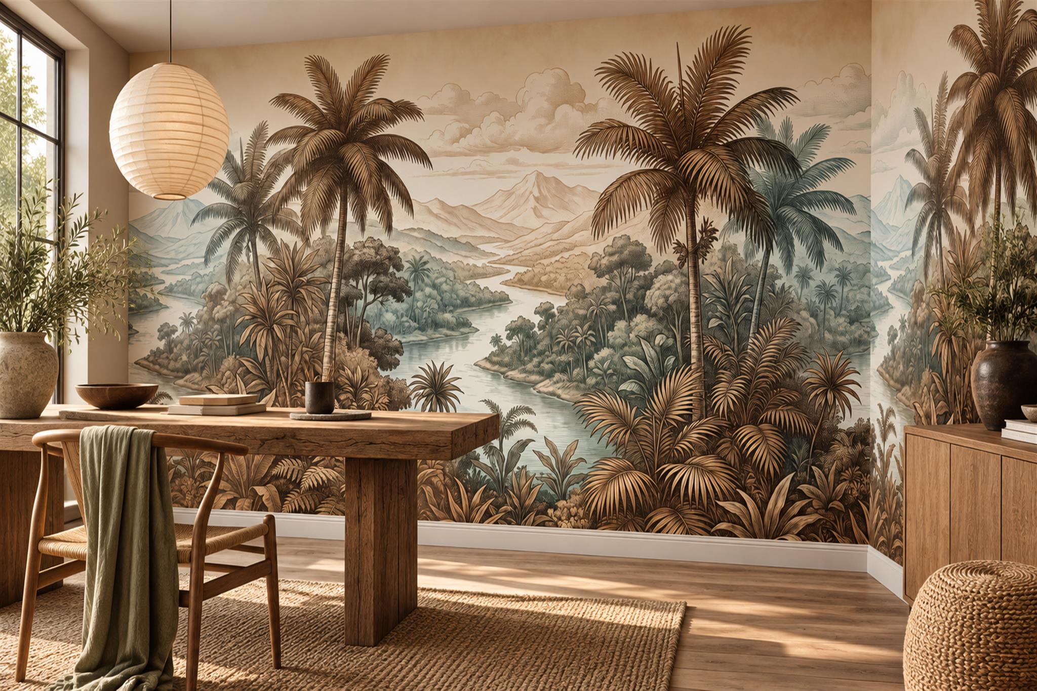 Sepia Tropical Palms And River Landscape Wallpaper Mural — Wallpaper Mural Design, Peel-and-stick Finish