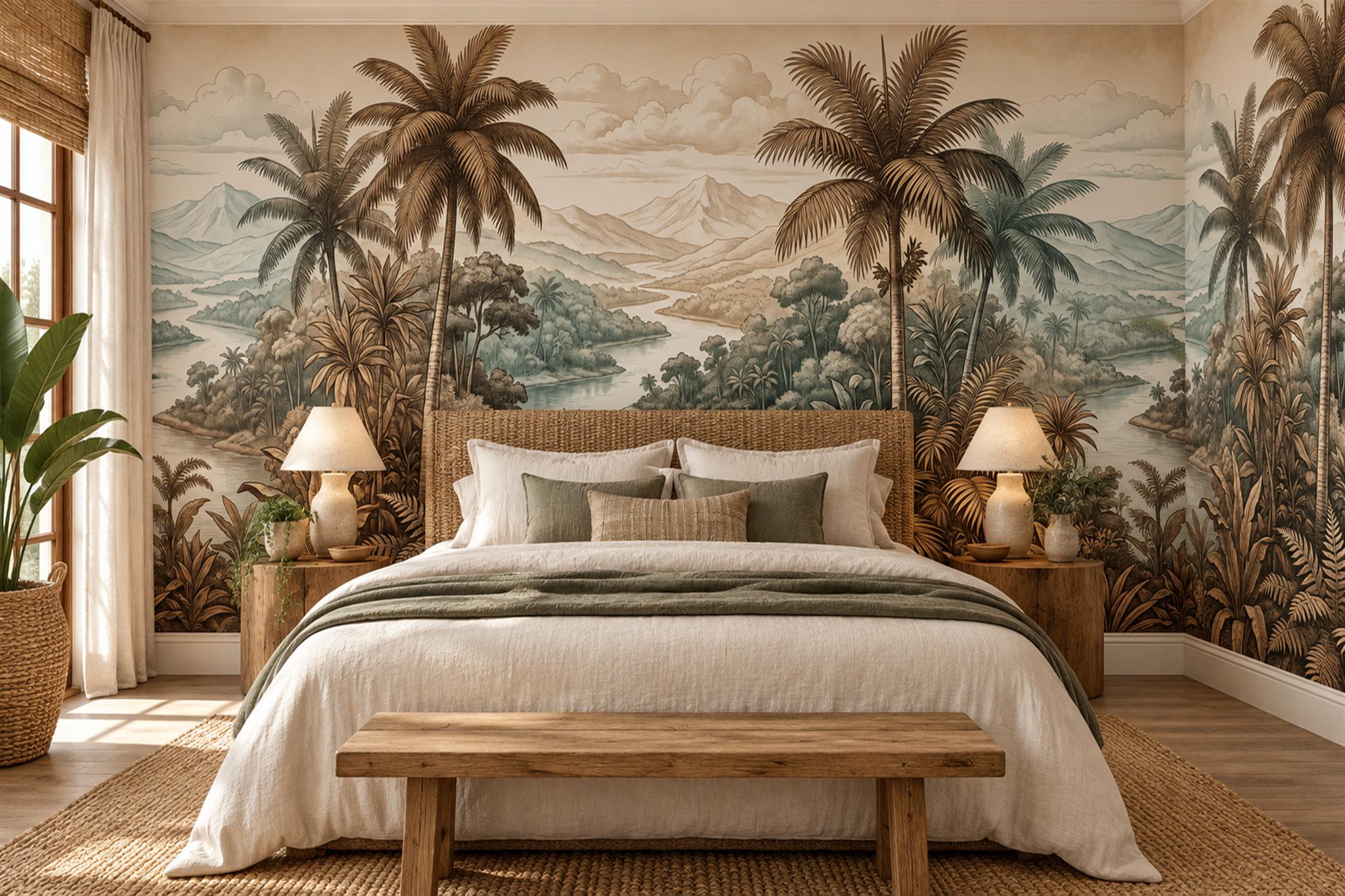 Brown Palm Artful Wallpaper Mural Bedroom-wallpaper-murals, Peel-and-stick Finish