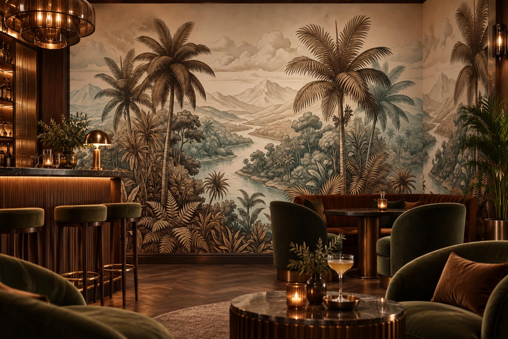 Brown Palm Artful Wallpaper Mural Accent-wall-wallpaper-murals, Peel-and-stick Finish