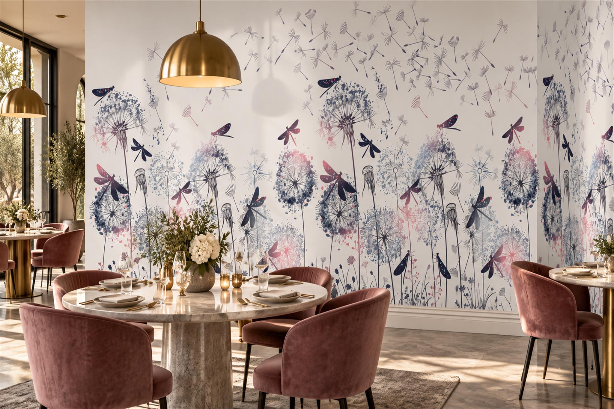 Blue Pattern Decorative Wallpaper Mural Painterly Linear Wallpaper Mural Dining-room-wallpaper-murals, Shown In A Dining Room, Peel-and-stick Finish