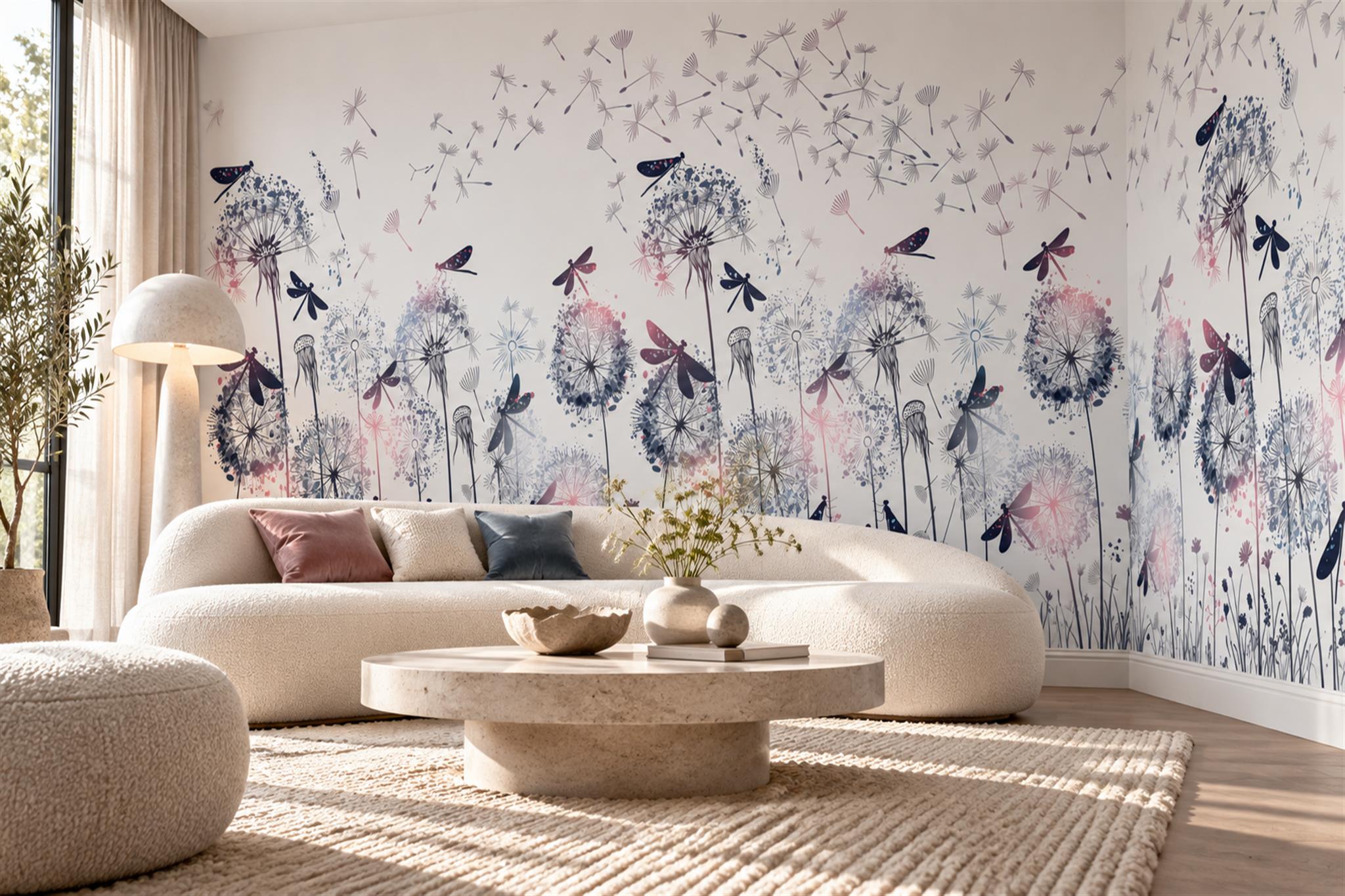Dandelion Seeds And Dragonflies Wallpaper Mural — Wallpaper Mural Design, Peel-and-stick Finish