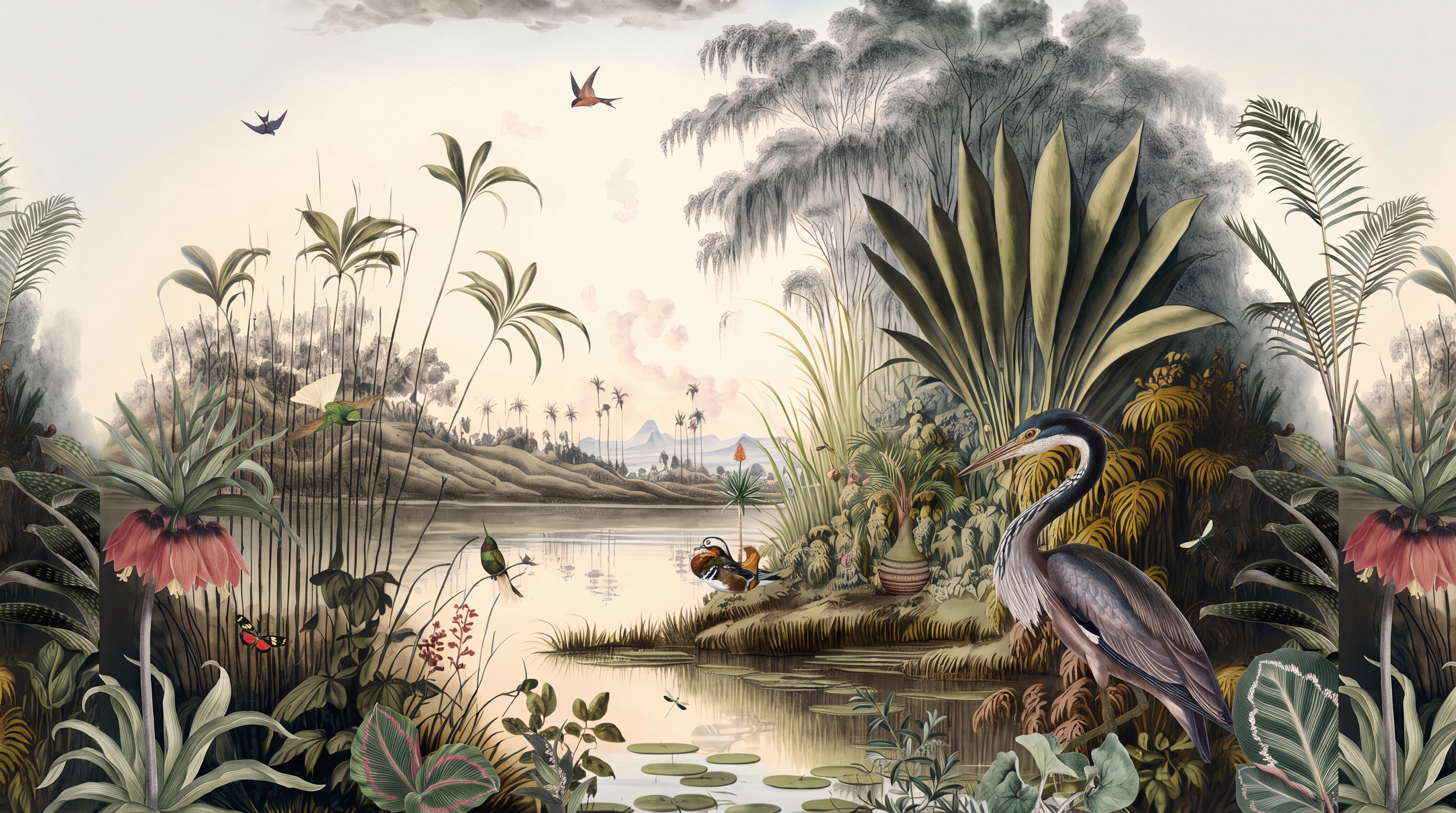 Green Heron Illustrated Wallpaper Mural, Peel-and-stick Finish