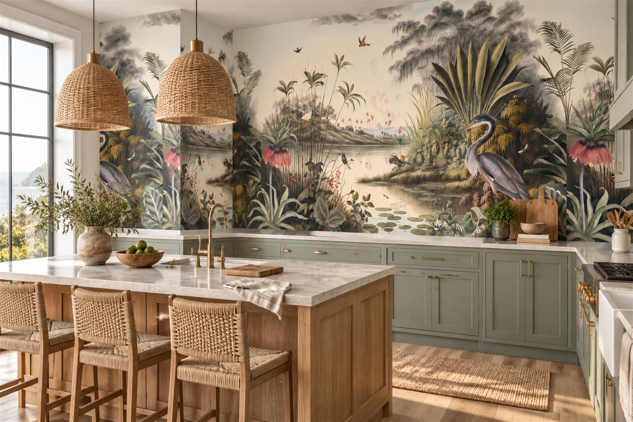 Green Heron Illustrated Wallpaper Mural Dining-room-wallpaper-murals, Shown In A Dining Room, Peel-and-stick Finish