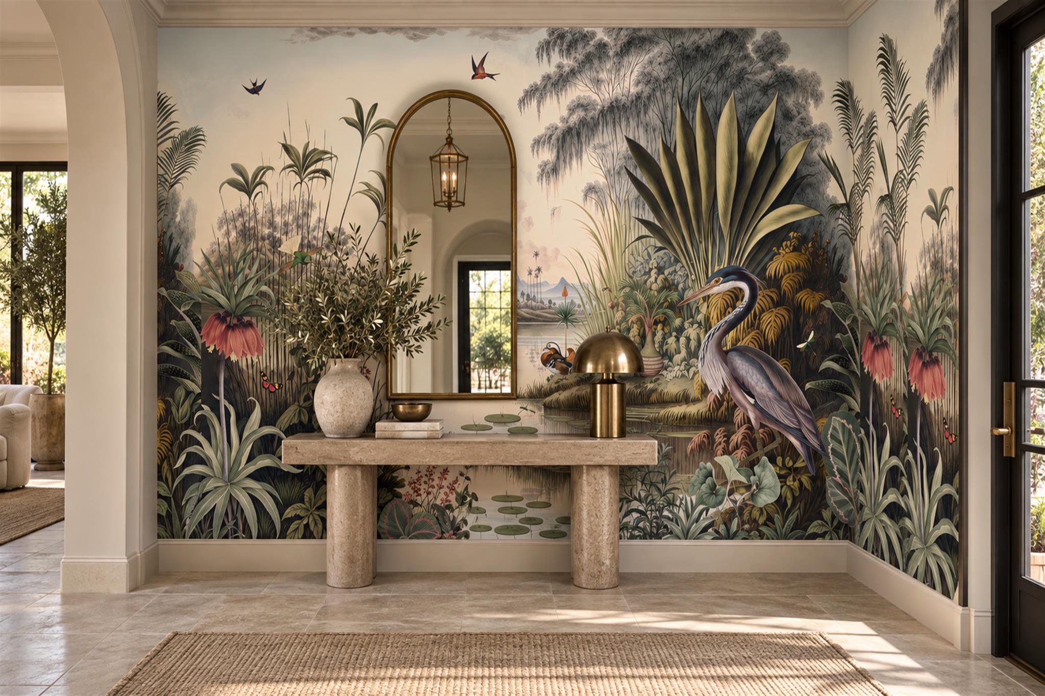 Green Heron Illustrated Wallpaper Mural Entryway-wallpaper-murals, Peel-and-stick Finish
