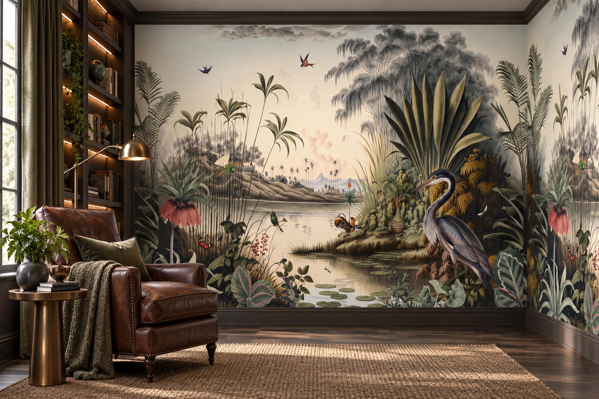 Heron And Waterbirds In A Painted Marsh Wallpaper Mural — Wallpaper Mural Design, Peel-and-stick Finish