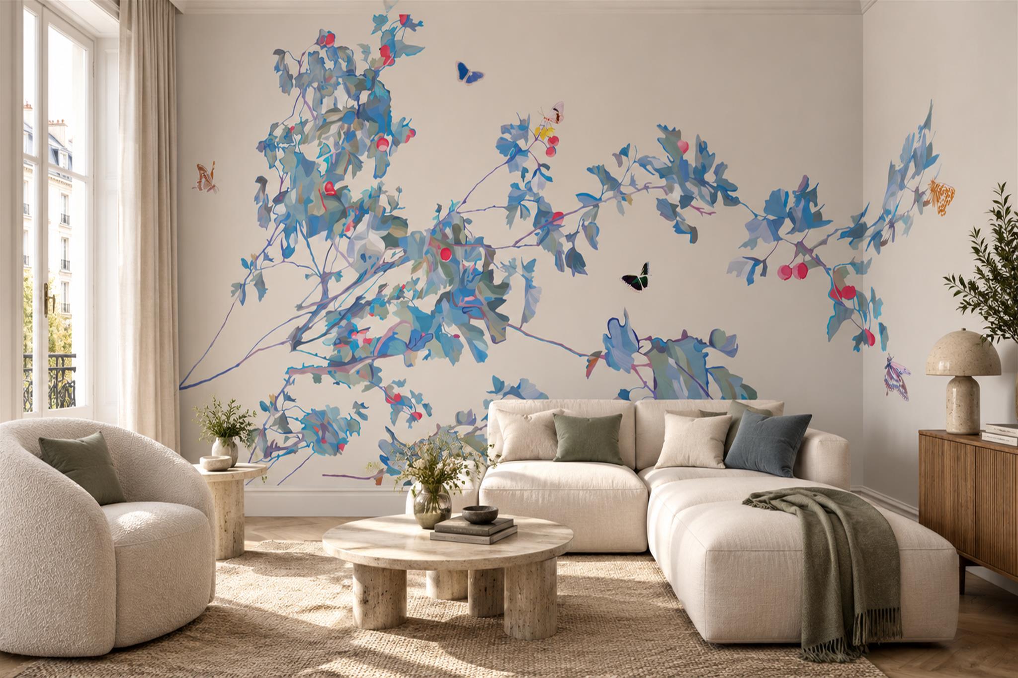 Blue Pattern Decorative Blossom Wallpaper Mural Accent-wall-wallpaper-murals, Peel-and-stick Finish
