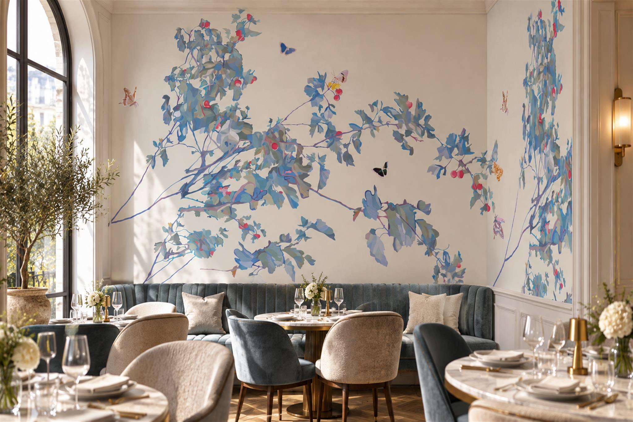 Blue Pattern Decorative Blossom Wallpaper Mural Bedroom-wallpaper-murals, Peel-and-stick Finish