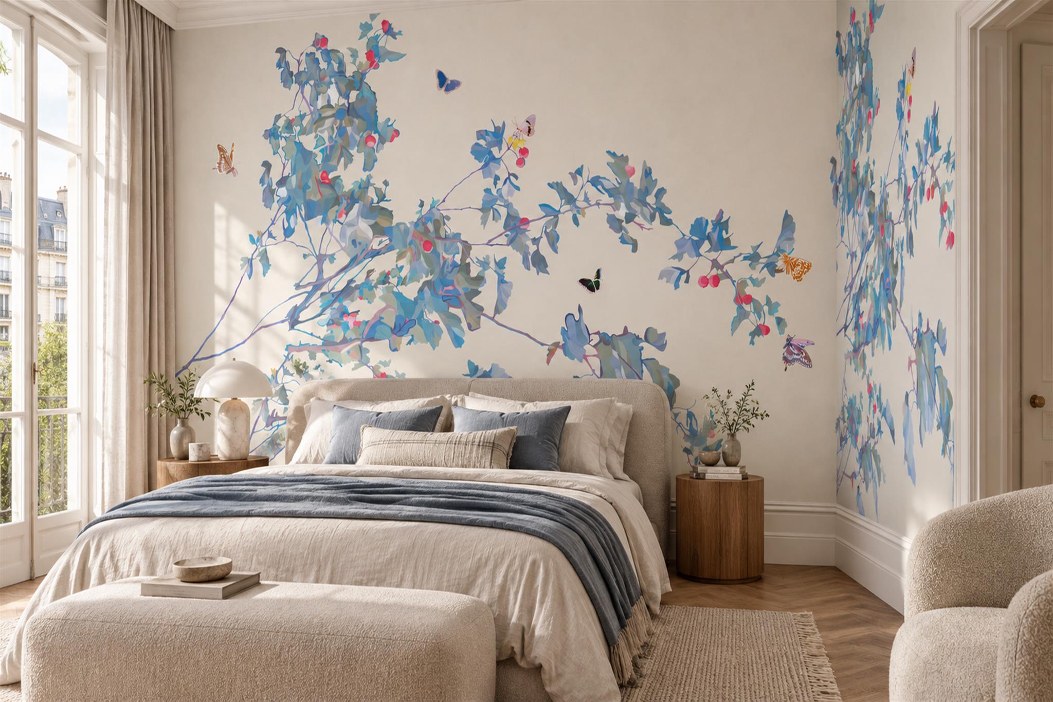 Blue Pattern Decorative Blossom Wallpaper Mural Bedroom-wallpaper-murals, Peel-and-stick Finish
