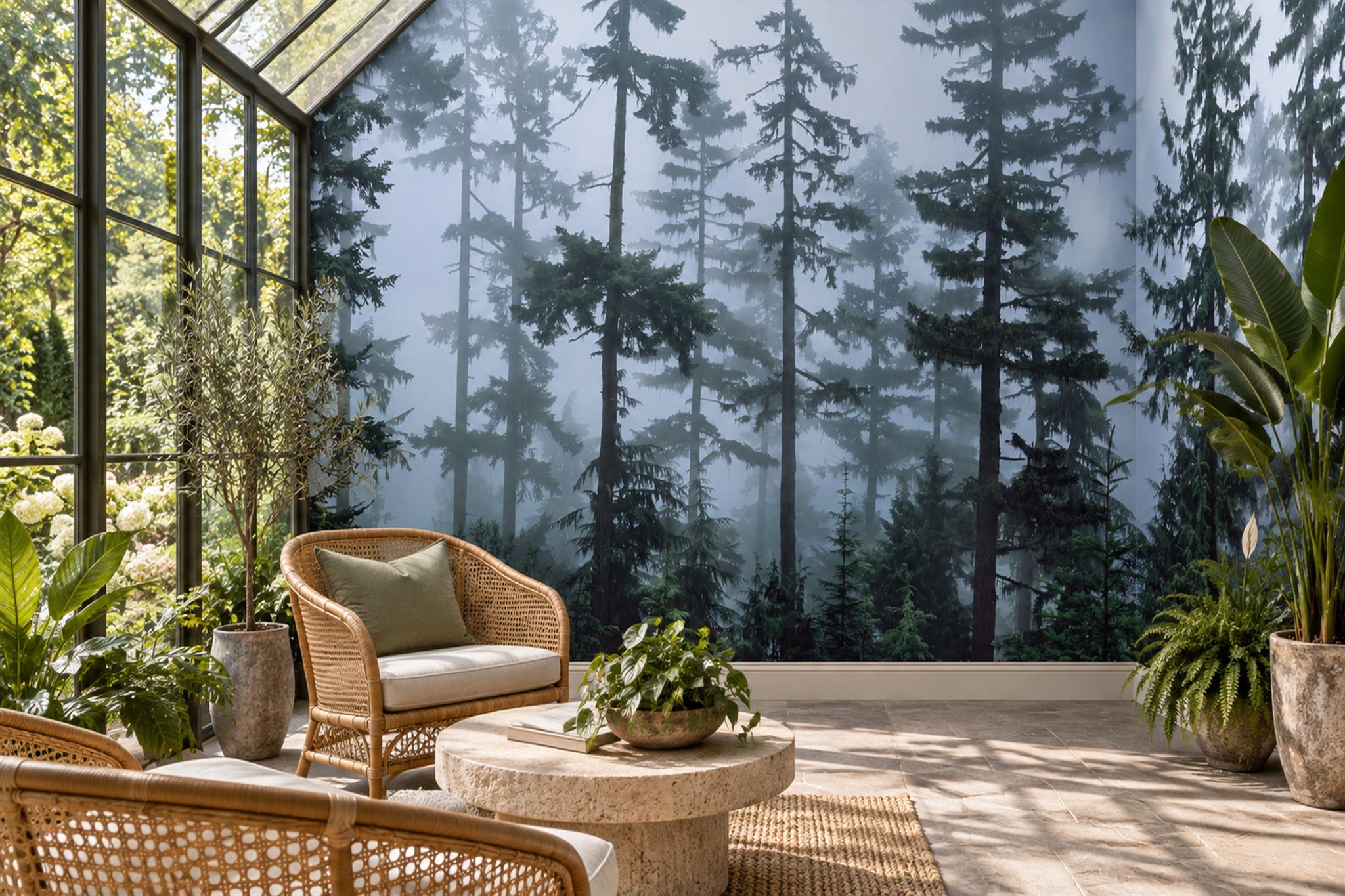Misty Blue Pine Forest Wallpaper Mural — Wallpaper Mural Design, Peel-and-stick Finish