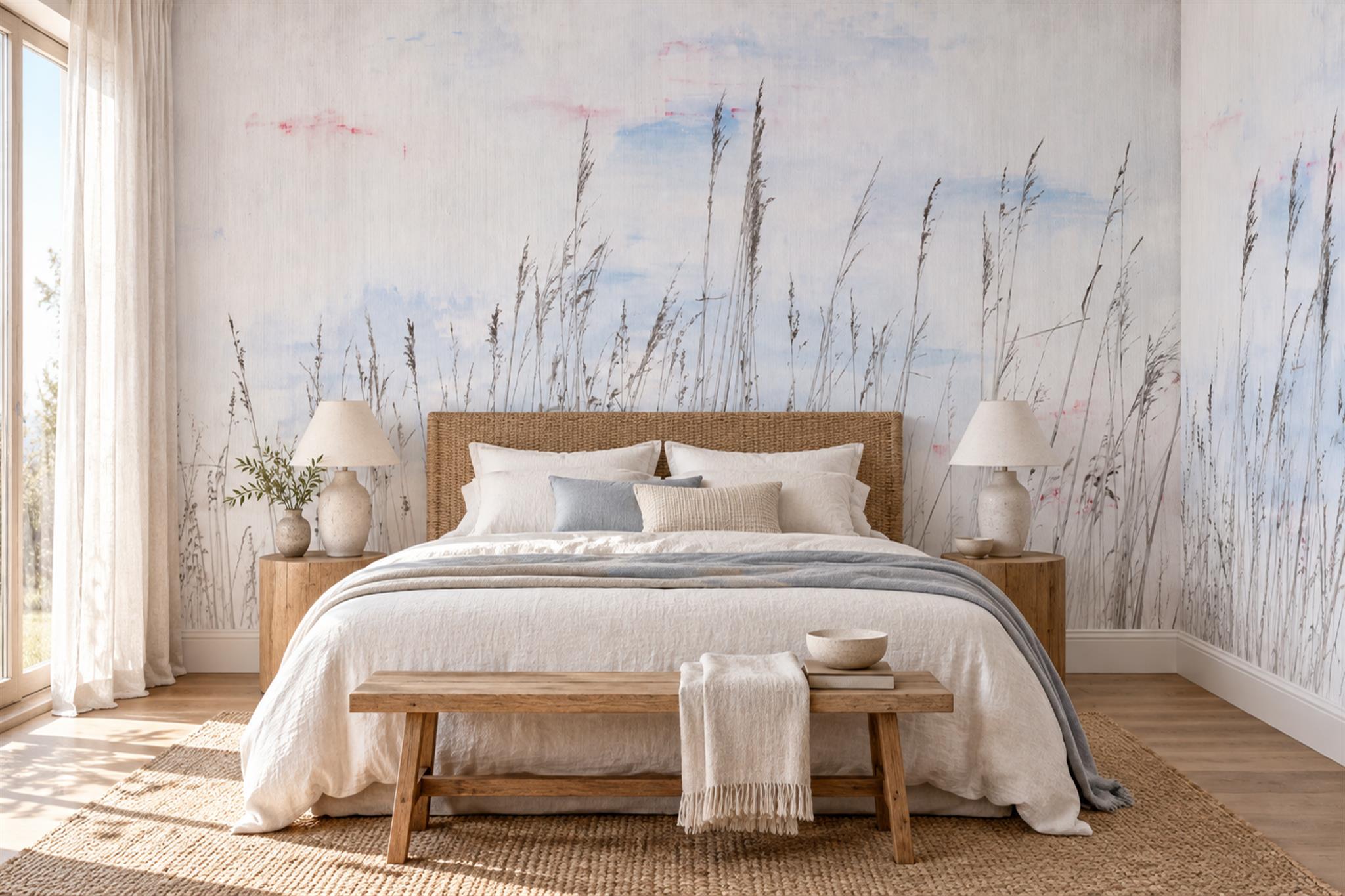 Watercolour Meadow Grasses Wallpaper Mural — Installed Wallpaper Mural In A Bedroom, Peel-and-stick Finish