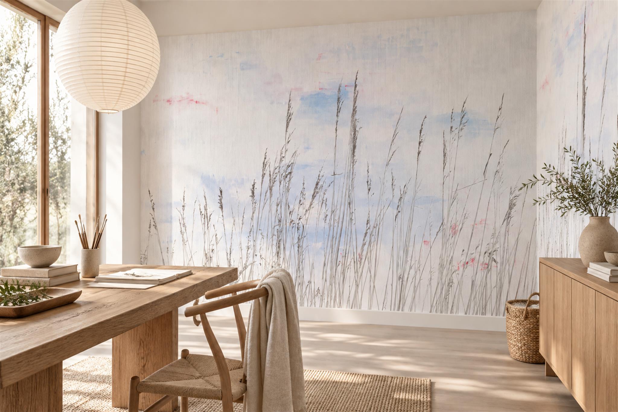 Grey Grasses Artful Abstract Wallpaper Mural Home-office-wallpaper-murals, Shown In A Home Office, Peel-and-stick Finish
