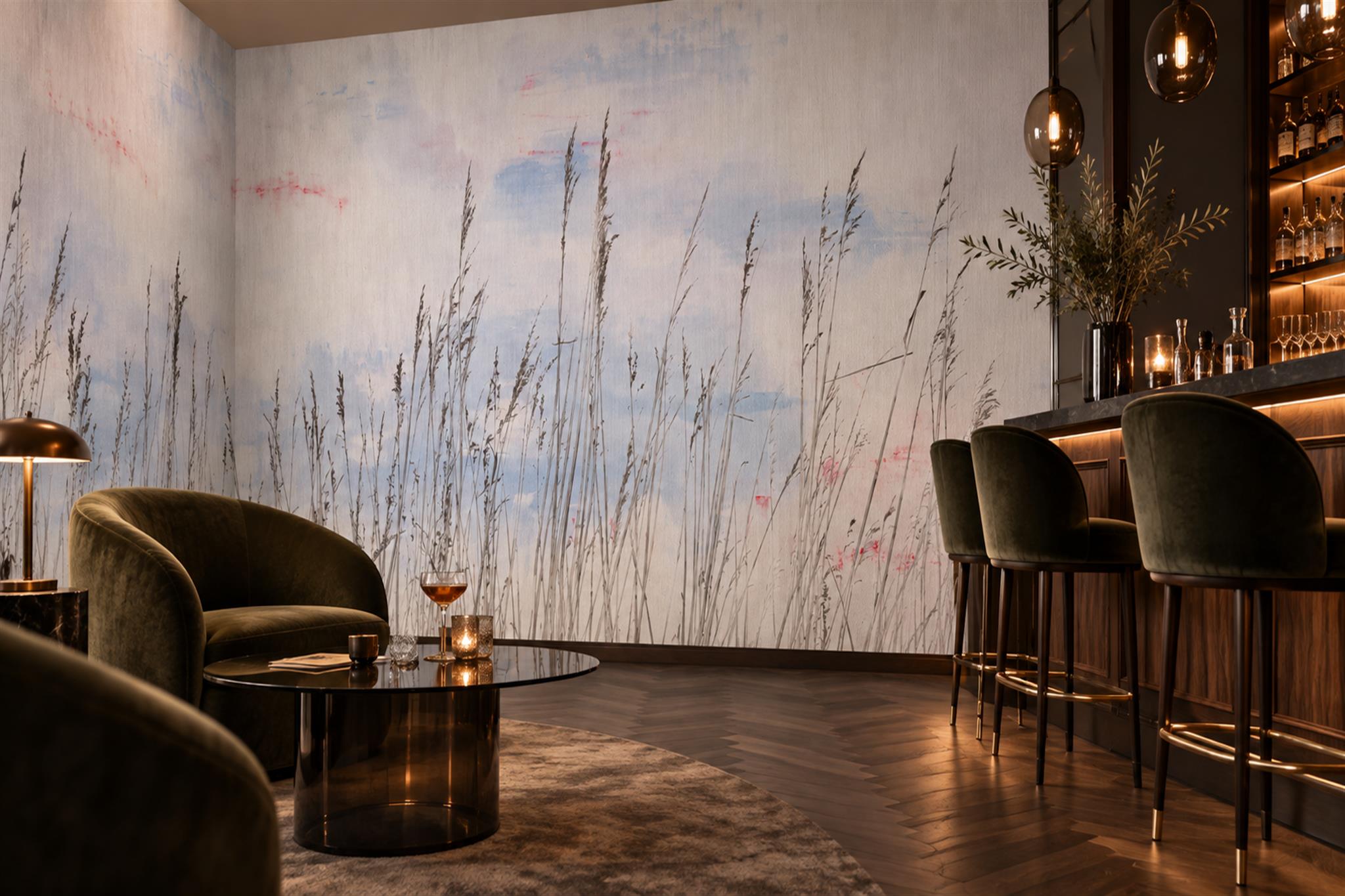 Grey Grasses Artful Abstract Wallpaper Mural Accent-wall-wallpaper-murals, Peel-and-stick Finish