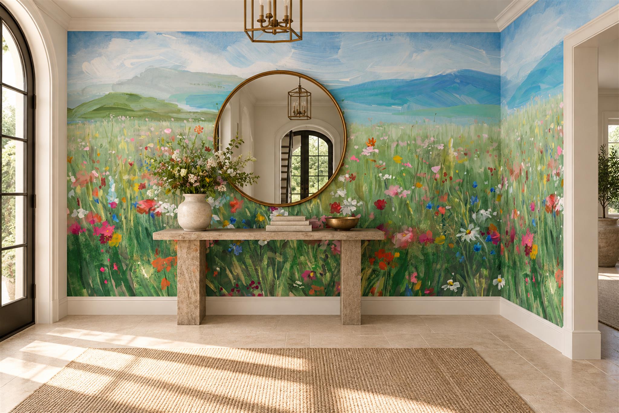 Colourful Wildflower Meadow Beneath Blue Hills Wallpaper Mural — Wallpaper Mural Design, Peel-and-stick Finish