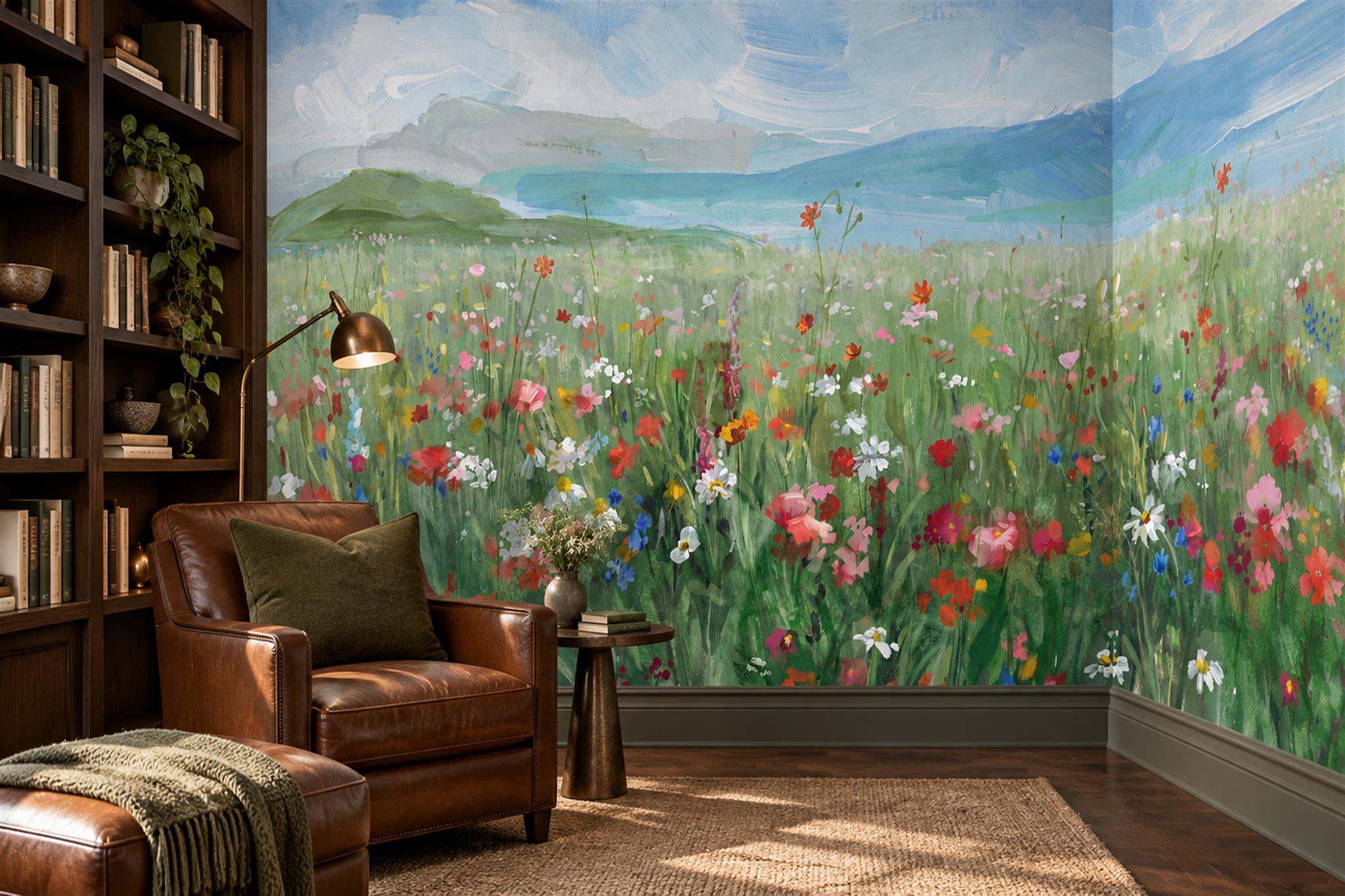 Green Botanical Botanical Meadow Wallpaper Mural Home-office-wallpaper-murals, Shown In A Home Office, Peel-and-stick Finish
