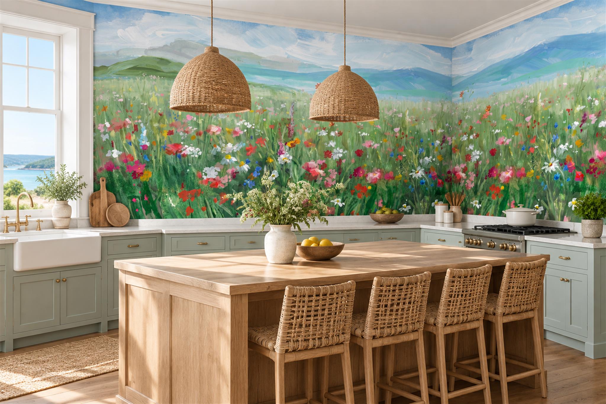 Green Botanical Botanical Meadow Wallpaper Mural Dining-room-wallpaper-murals, Shown In A Dining Room, Peel-and-stick Finish