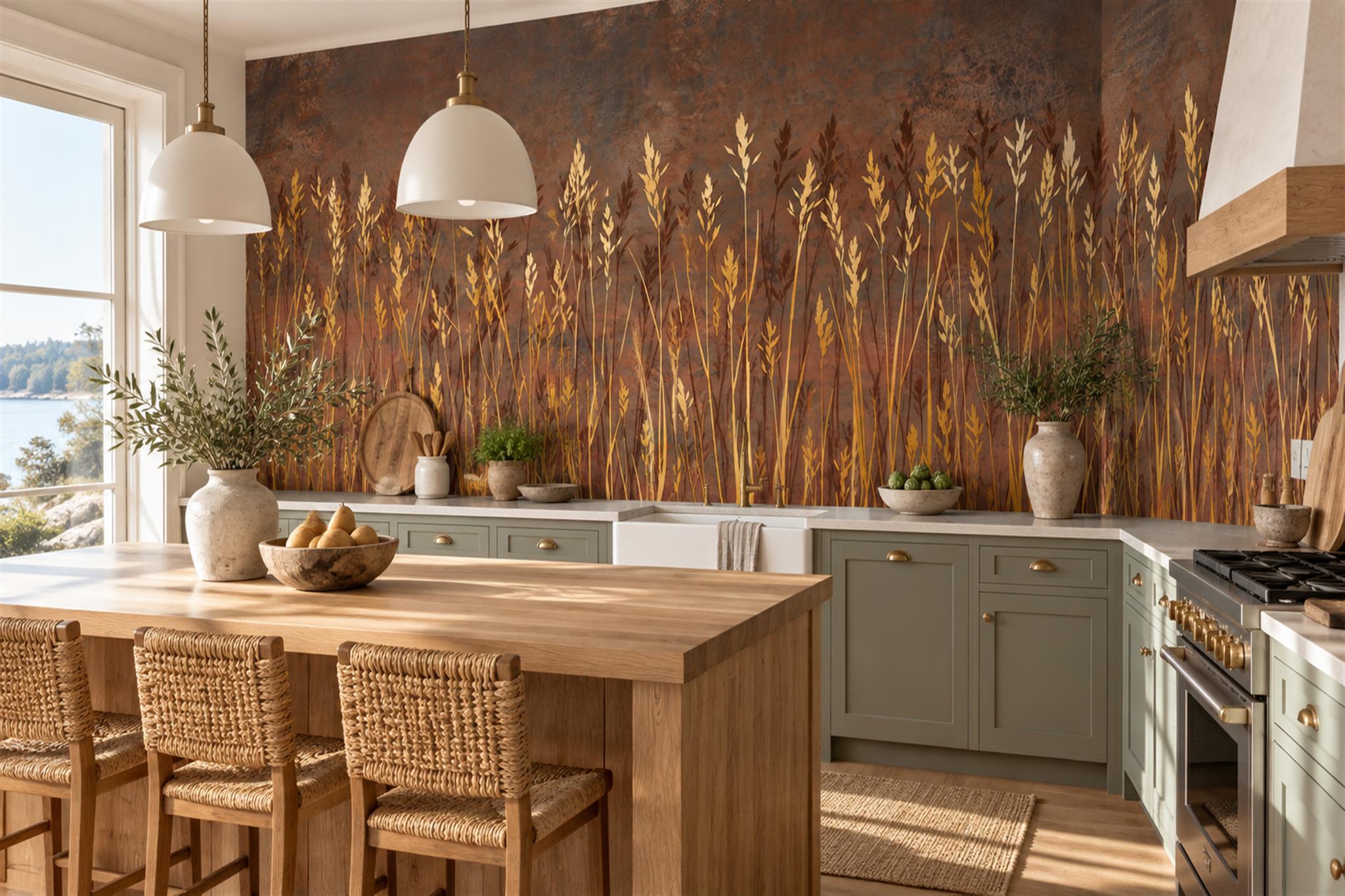 Gold Grasses Artful Wallpaper Mural Dining-room-wallpaper-murals, Shown In A Dining Room, Peel-and-stick Finish