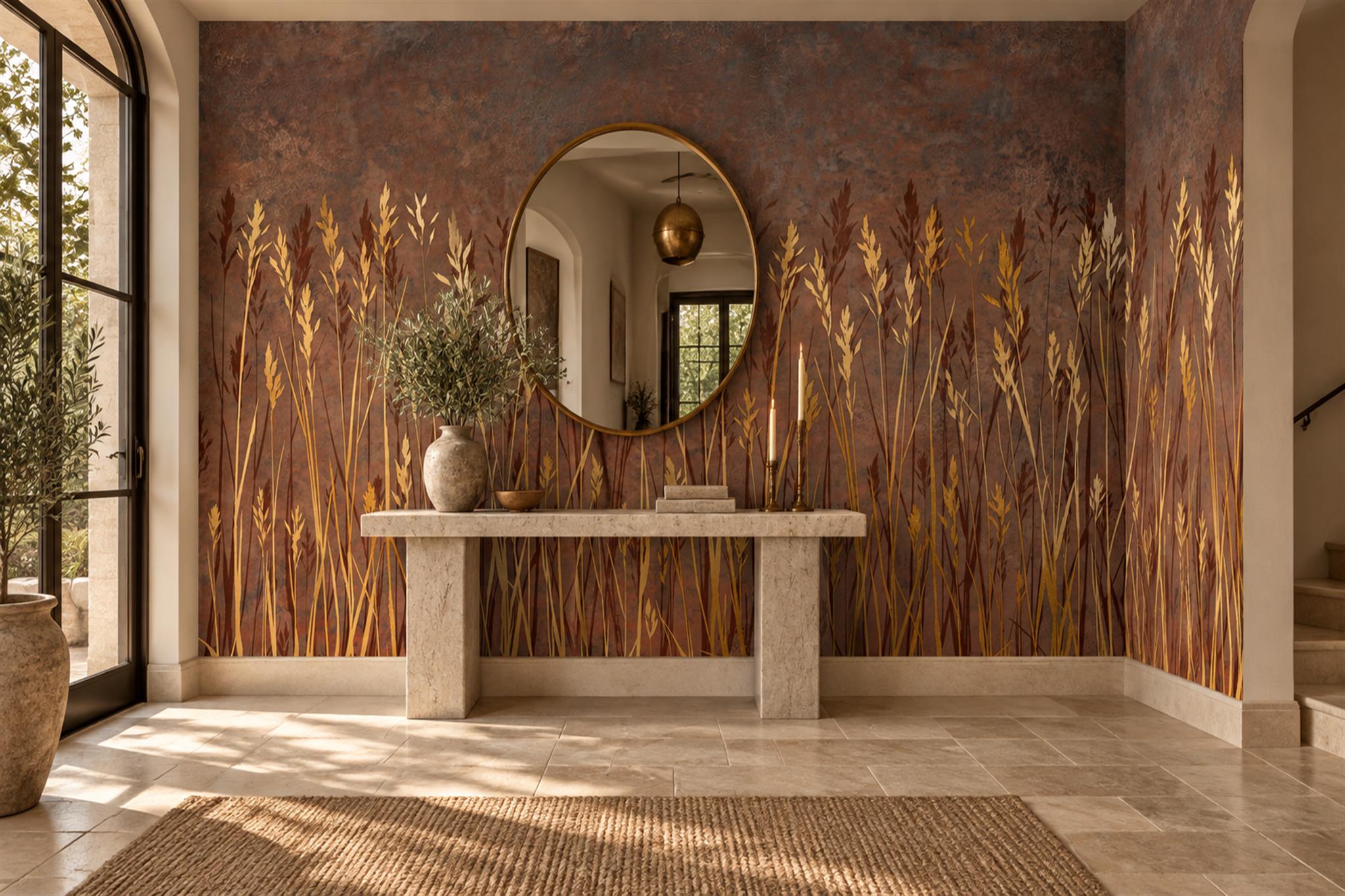 Gold Grasses Artful Wallpaper Mural Entryway-wallpaper-murals, Peel-and-stick Finish