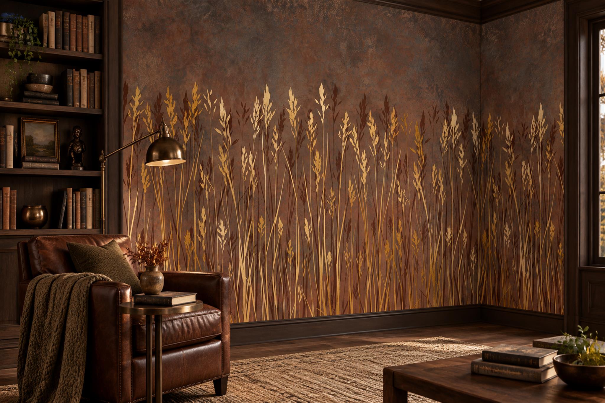 Gold Grasses Artful Wallpaper Mural Home-office-wallpaper-murals, Shown In A Home Office, Peel-and-stick Finish