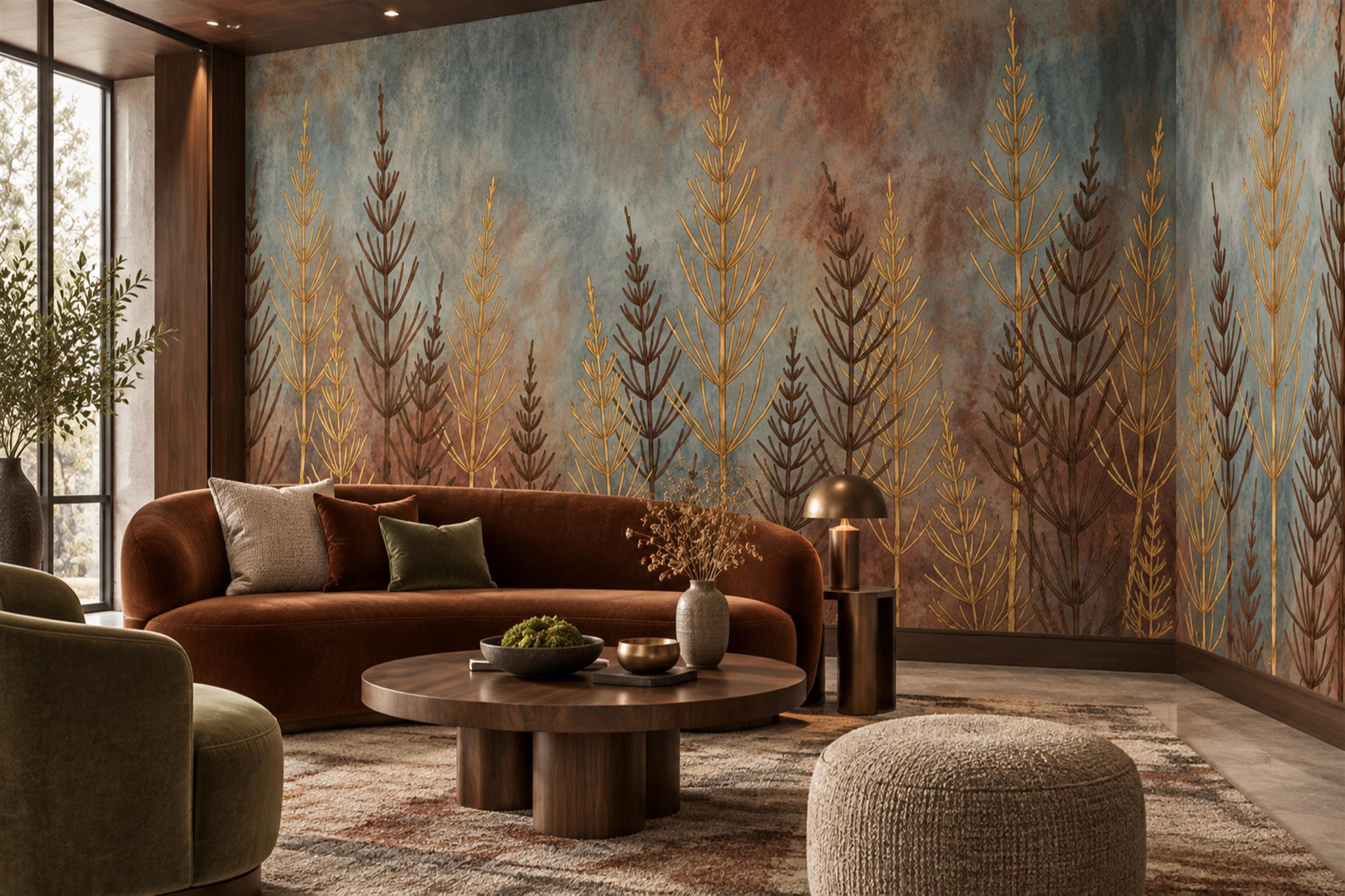 Rust Trees Scenic Wallpaper Mural Living-room-wallpaper-murals, Shown In A Living Room, Peel-and-stick Finish
