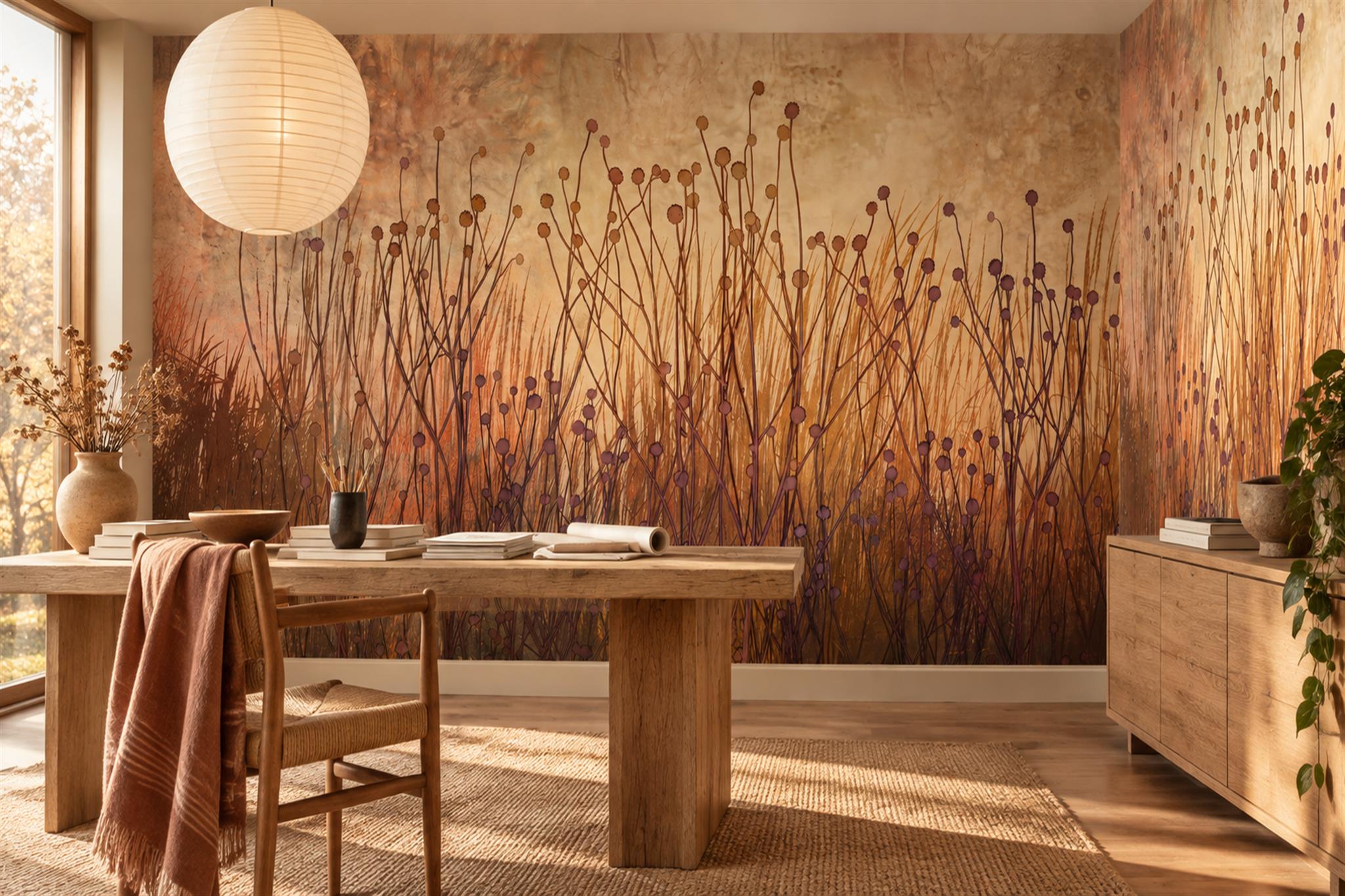 Wildflower Seed Stems On A Burnt-orange Watercolour Ground Wallpaper Mural — Wallpaper Mural Design, Peel-and-stick Finish