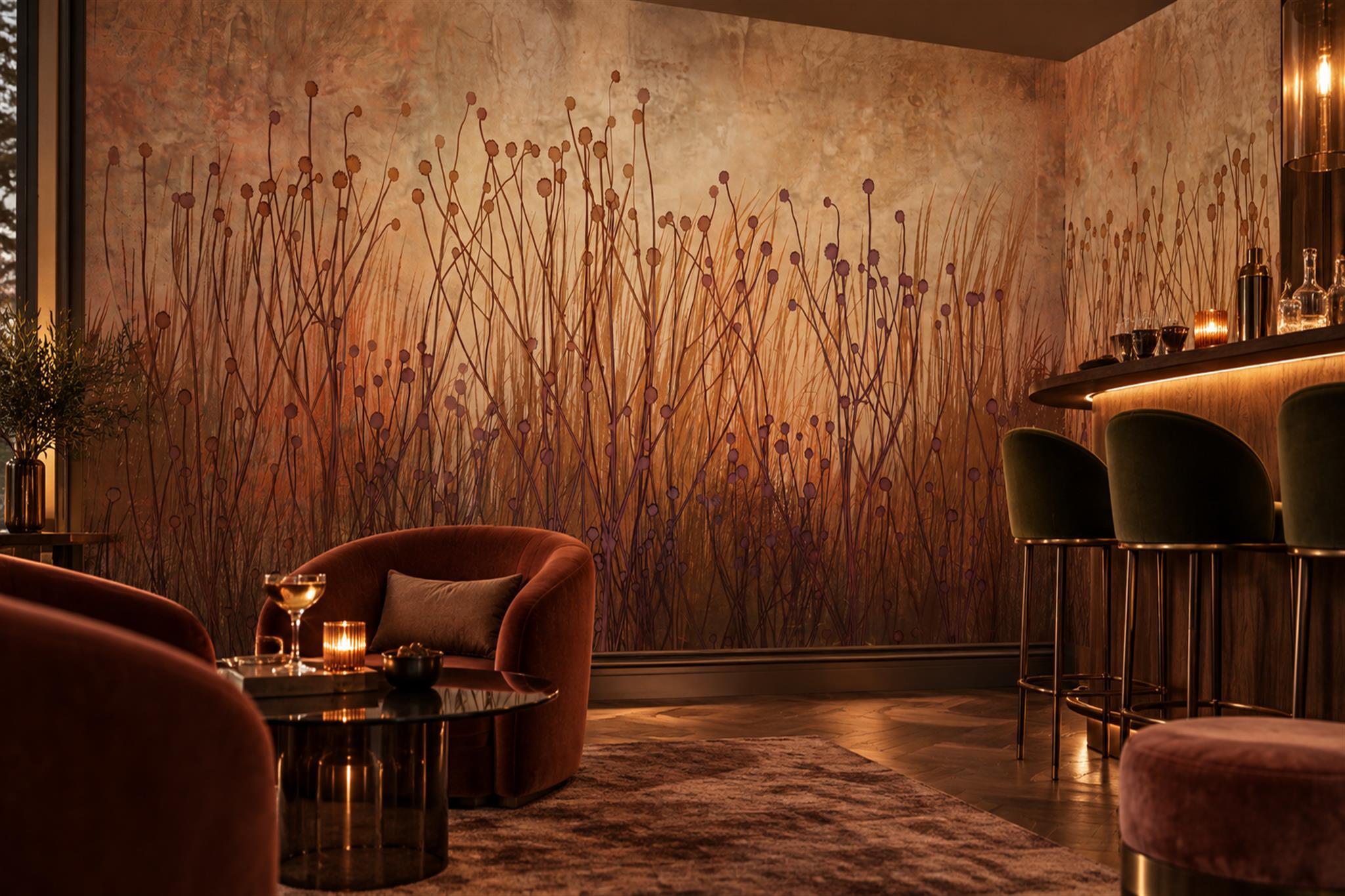 Orange Botanical Botanical Wallpaper Mural Living-room-wallpaper-murals, Peel-and-stick Finish