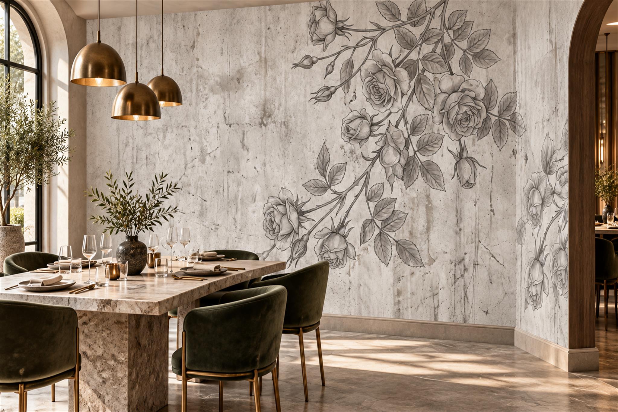 Grey Vintage Artful Wallpaper Mural Dining-room-wallpaper-murals, Shown In A Dining Room, Peel-and-stick Finish