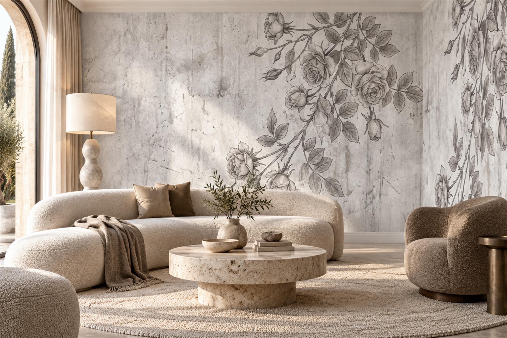 Monochrome Climbing Roses On Textured Plaster Wallpaper Mural — Wallpaper Mural Design, Peel-and-stick Finish