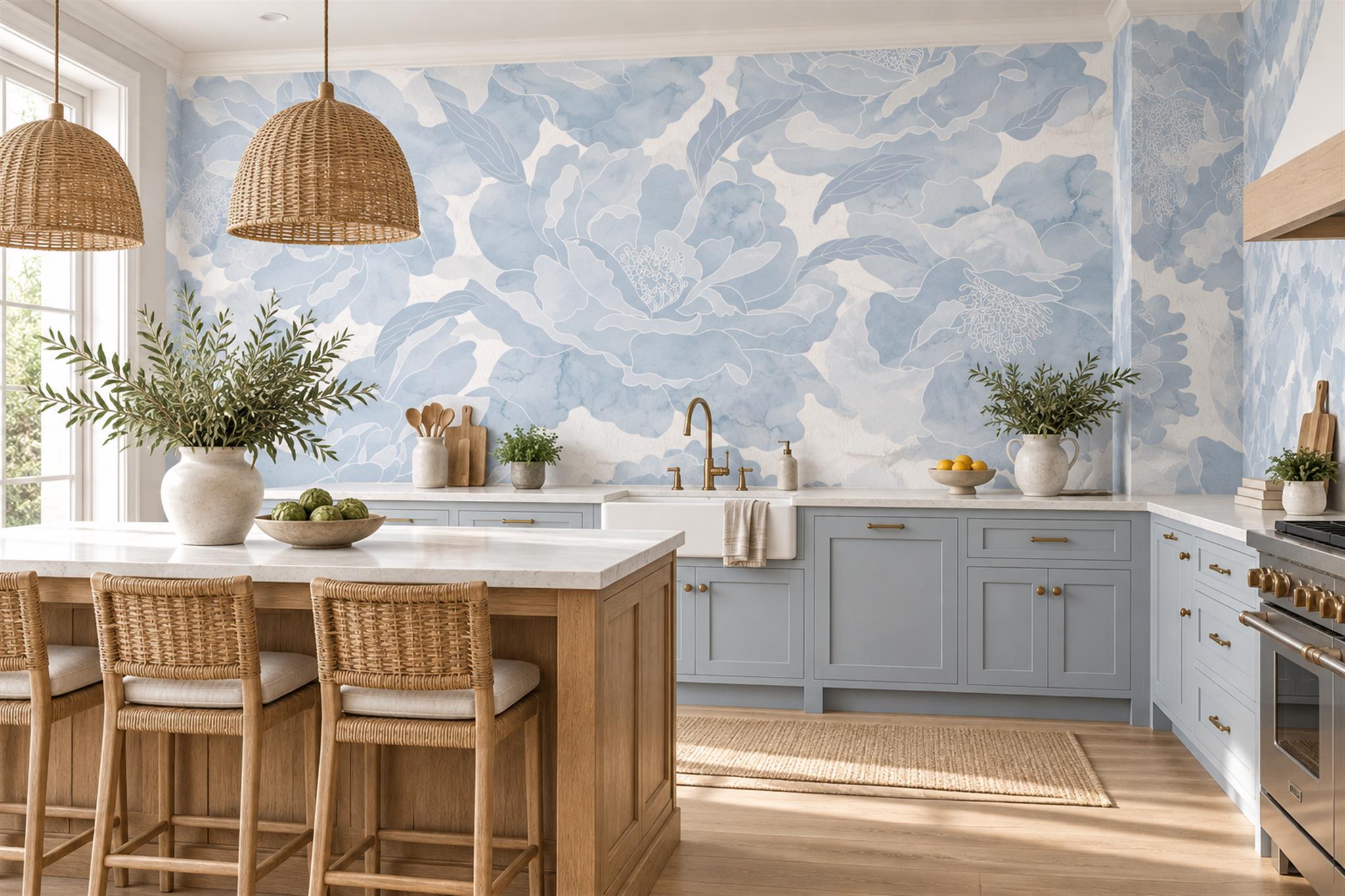 Pale Blue Peony Watercolour Wallpaper Mural — Wallpaper Mural Design, Peel-and-stick Finish