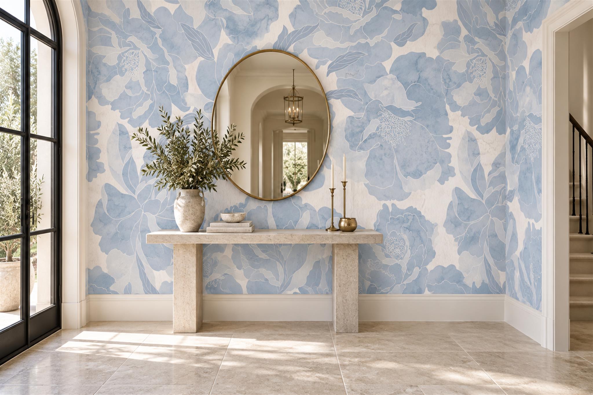 Blue Peony Botanical Abstract Wallpaper Mural Entryway-wallpaper-murals, Peel-and-stick Finish