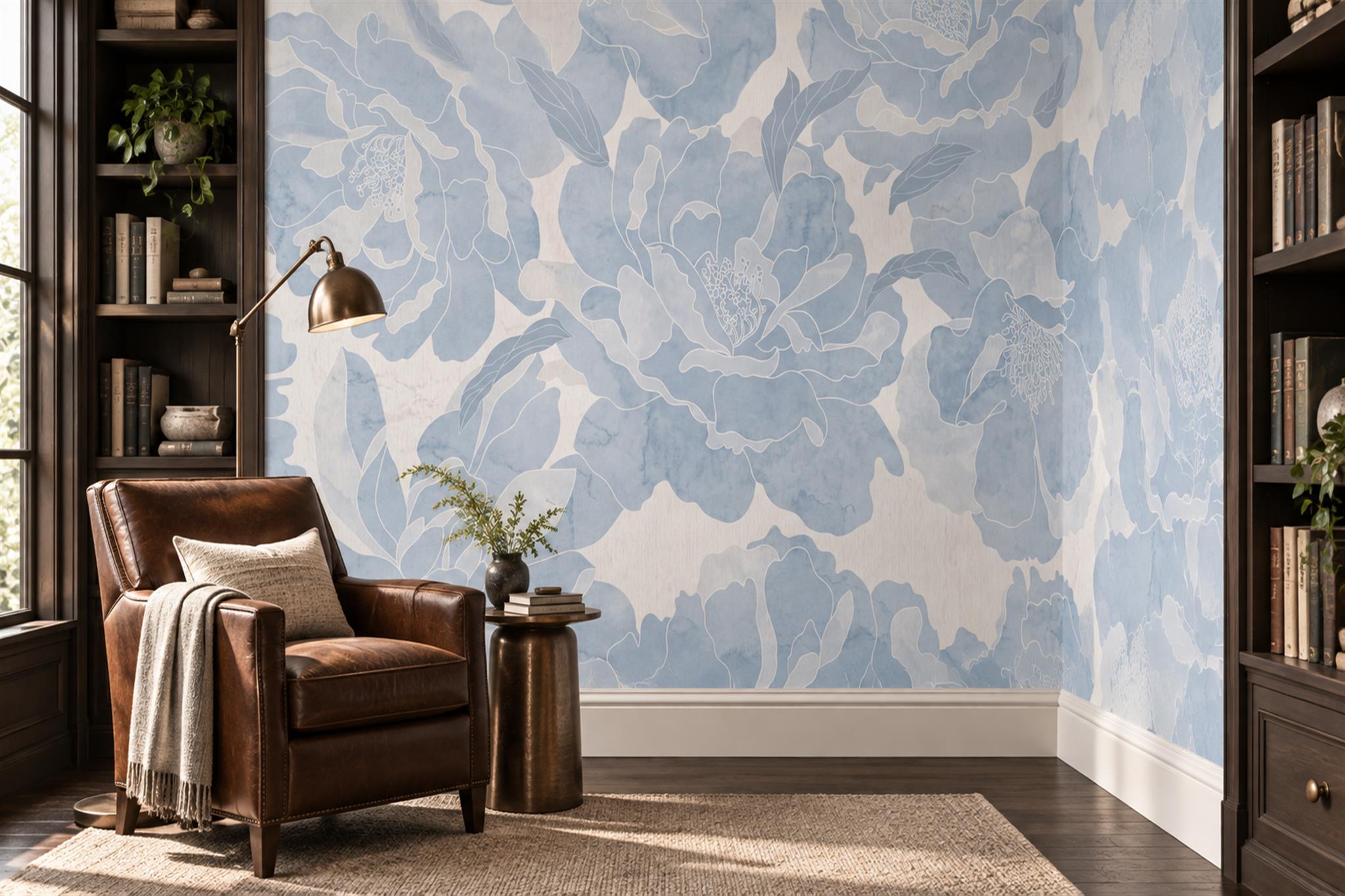 Blue Peony Botanical Abstract Wallpaper Mural Home-office-wallpaper-murals, Shown In A Home Office, Peel-and-stick Finish
