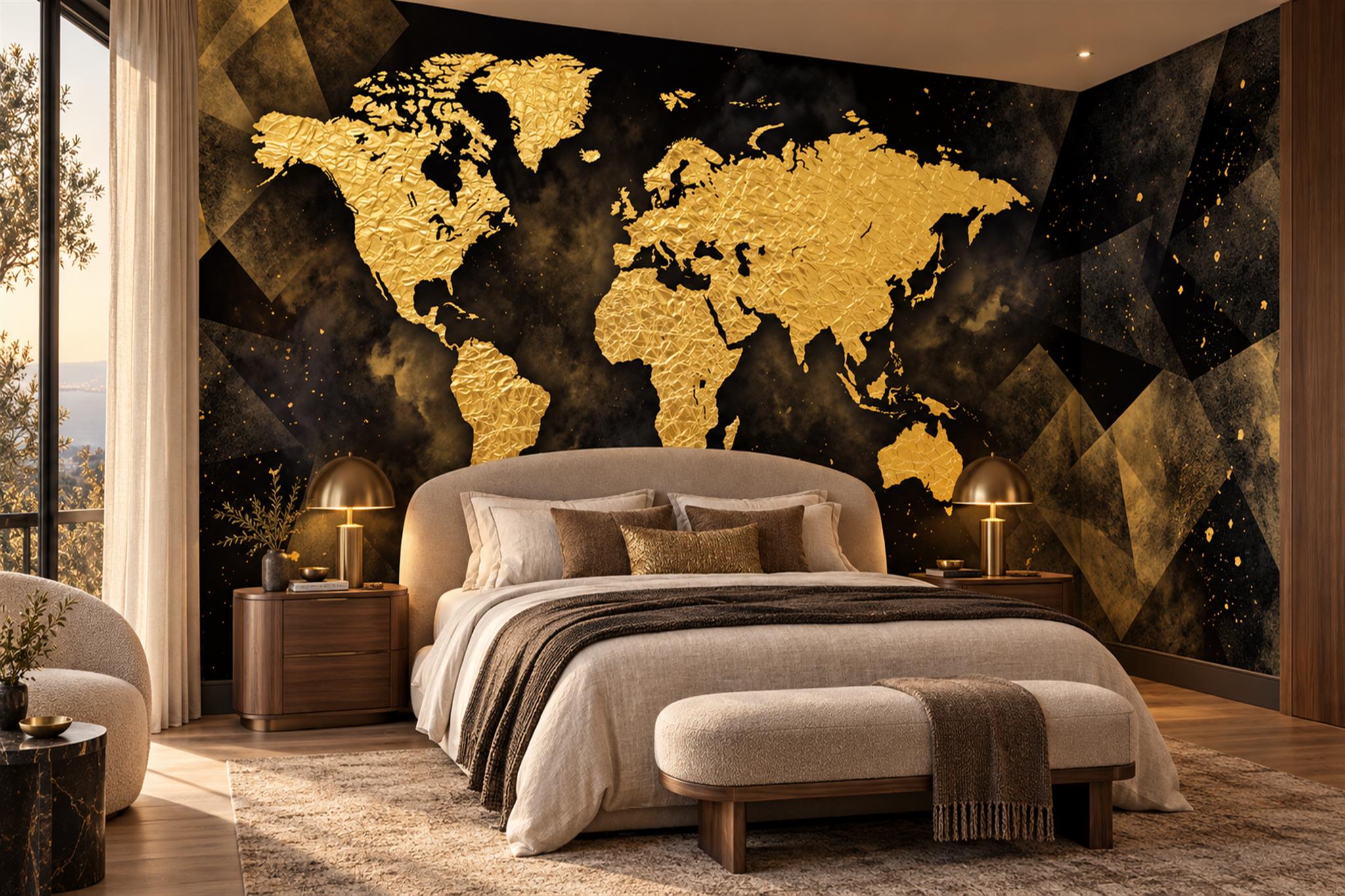 Gold Map Artful Wallpaper Mural Bedroom-wallpaper-murals, Peel-and-stick Finish