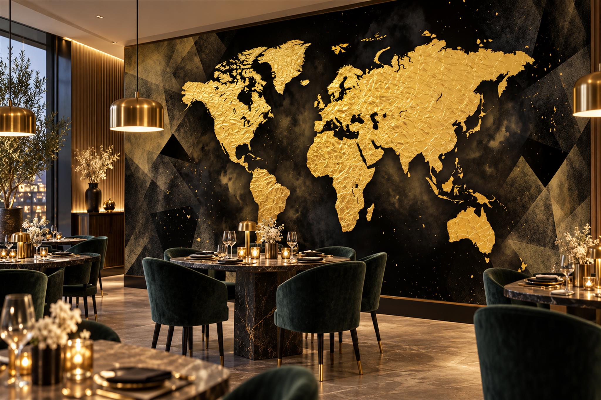 Gold Map Artful Wallpaper Mural Dining-room-wallpaper-murals, Shown In A Dining Room, Peel-and-stick Finish