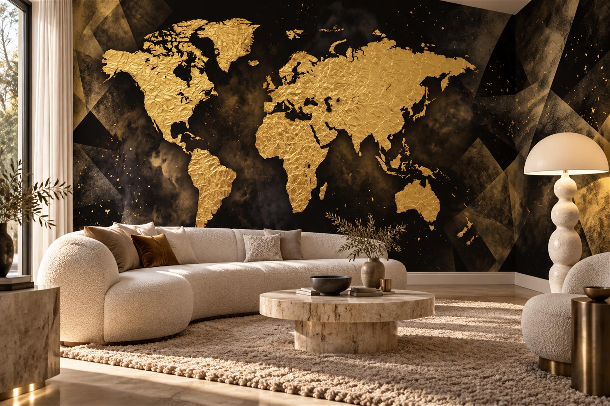 Gold Map Artful Wallpaper Mural Bedroom-wallpaper-murals, Peel-and-stick Finish