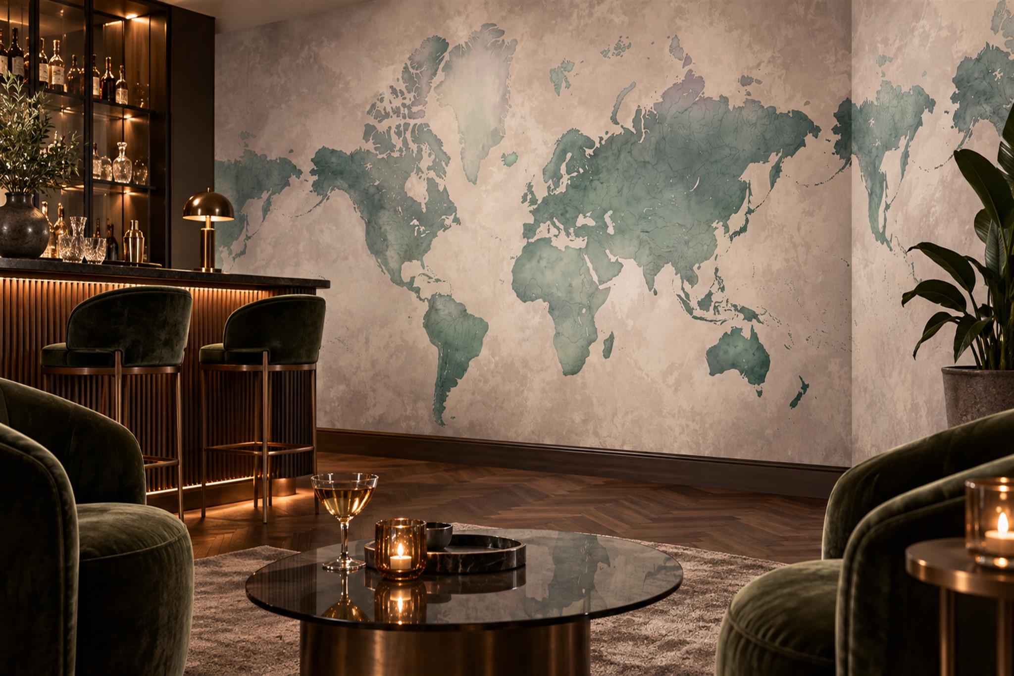 Sage Map Artful Wallpaper Mural Living-room-wallpaper-murals, Shown In A Living Room, Peel-and-stick Finish